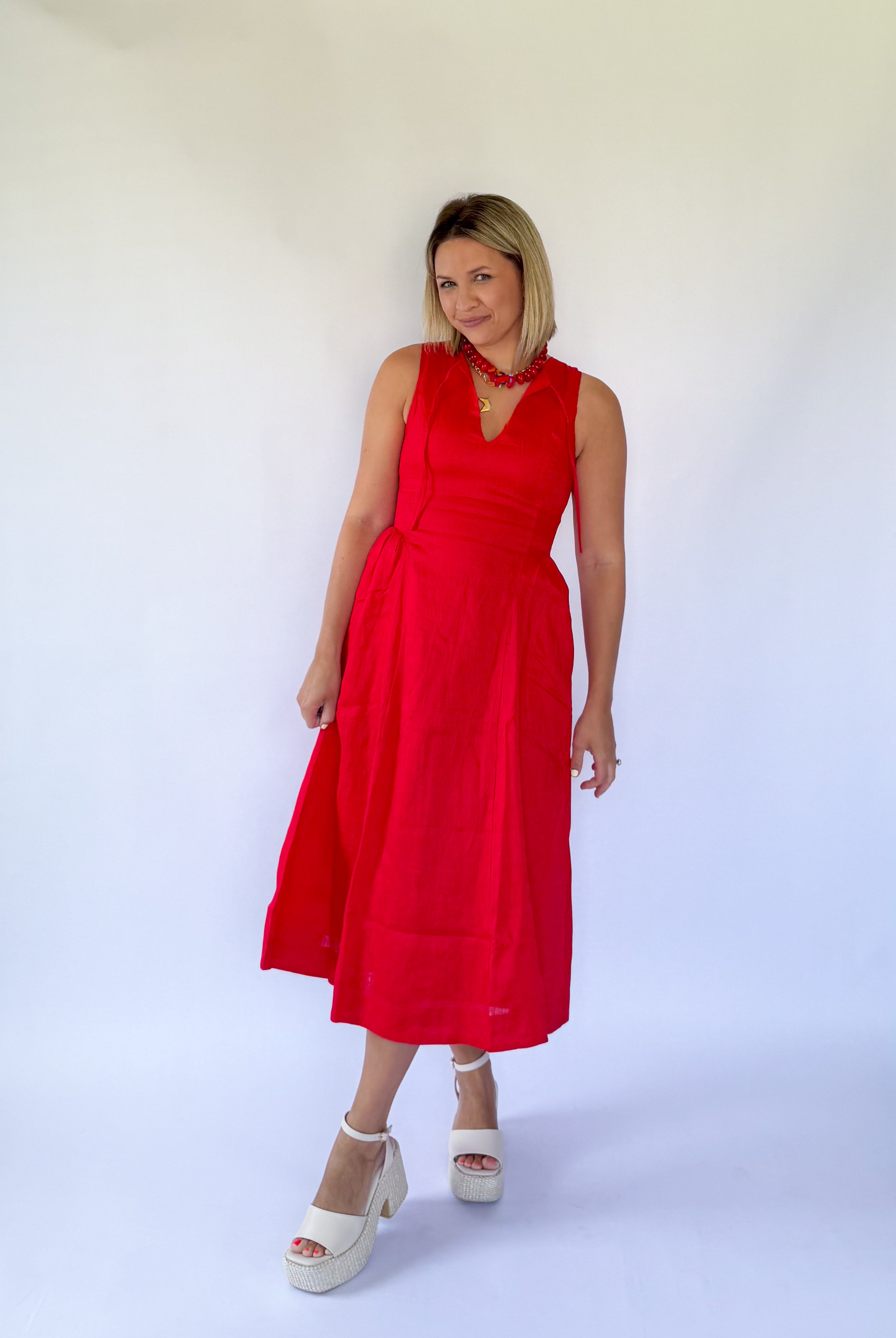 olivaceous red linen midi dress