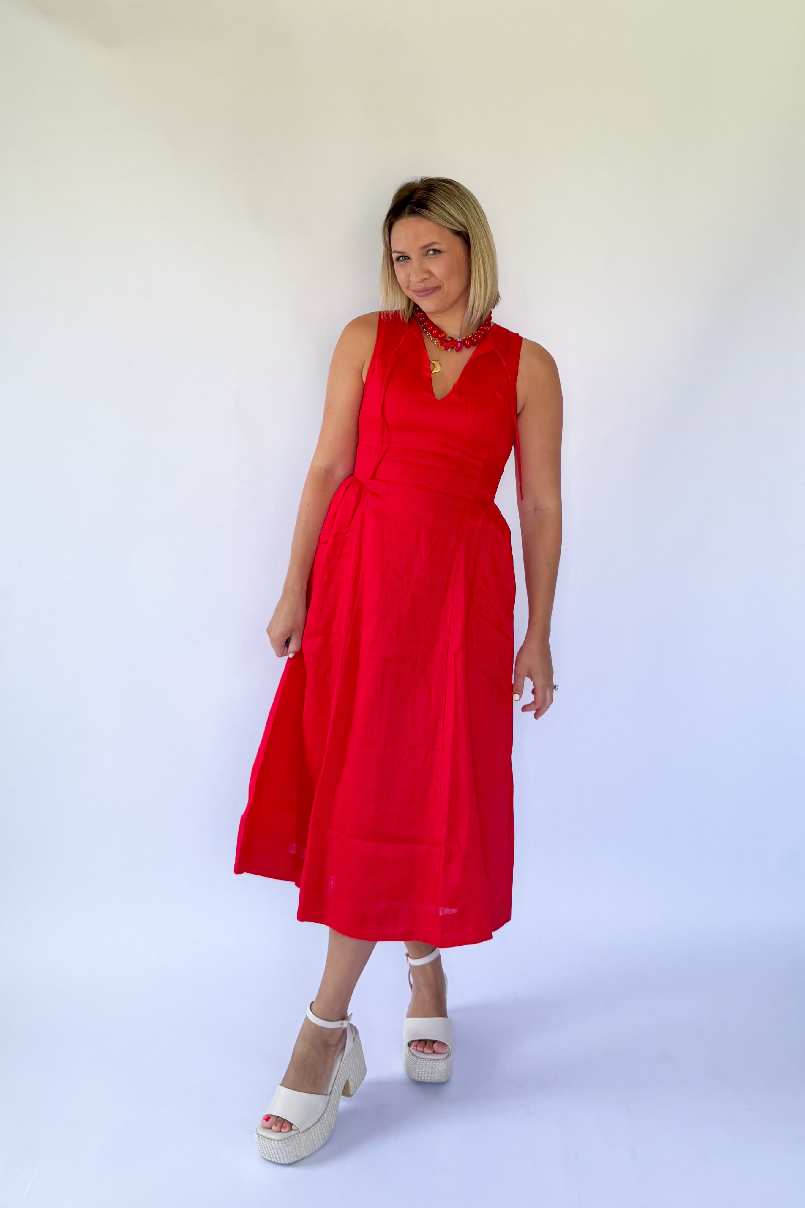 olivaceous red linen midi dress