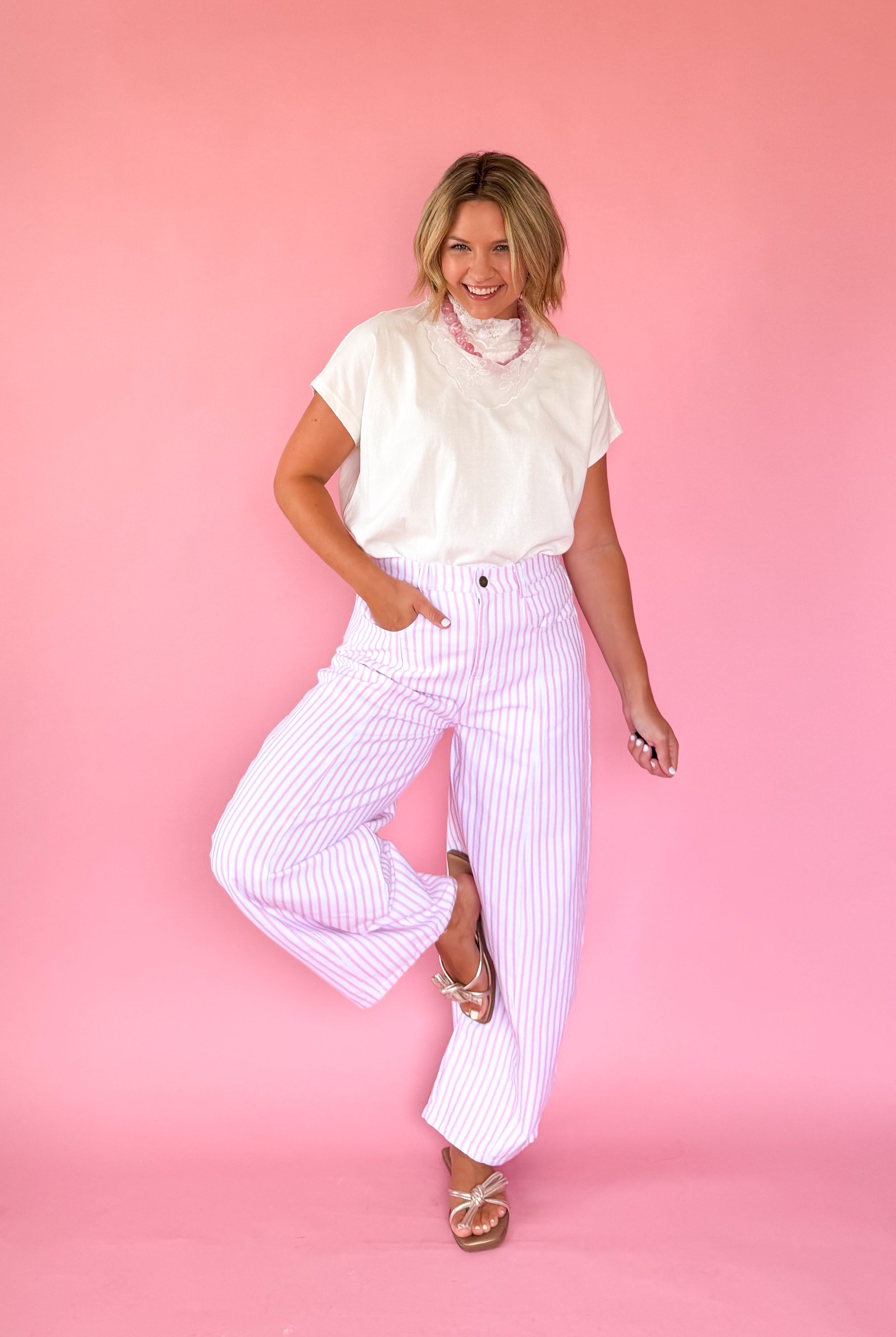 peach love California white & pink stripe barrel pant