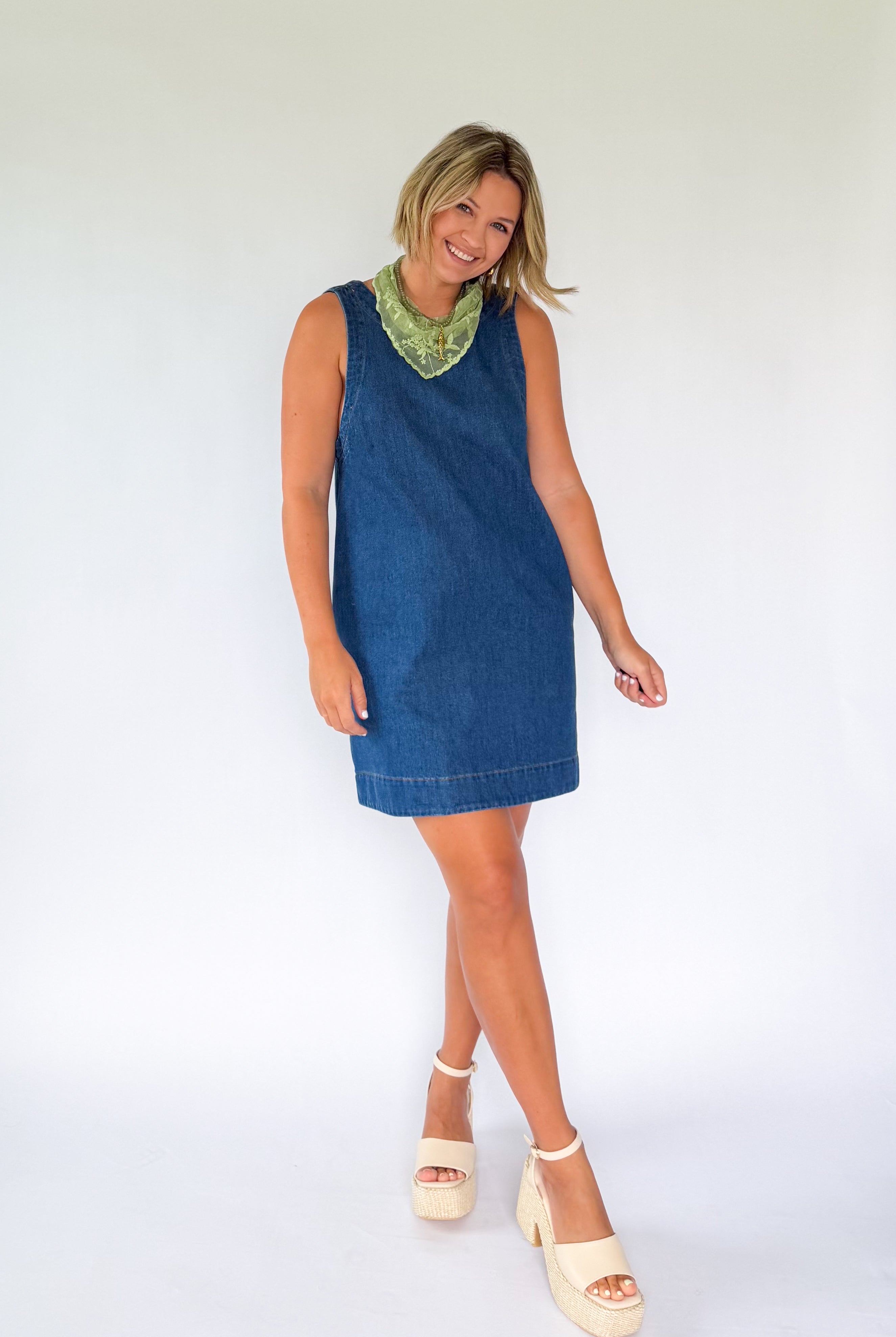 olivaceous denim mini dress with scoop back