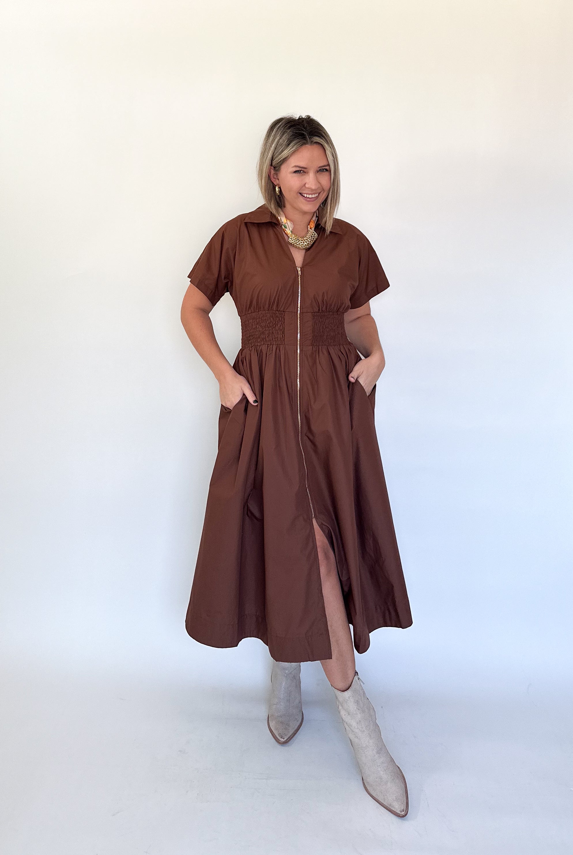 entro chocolate brown maxi dress with gold zipper