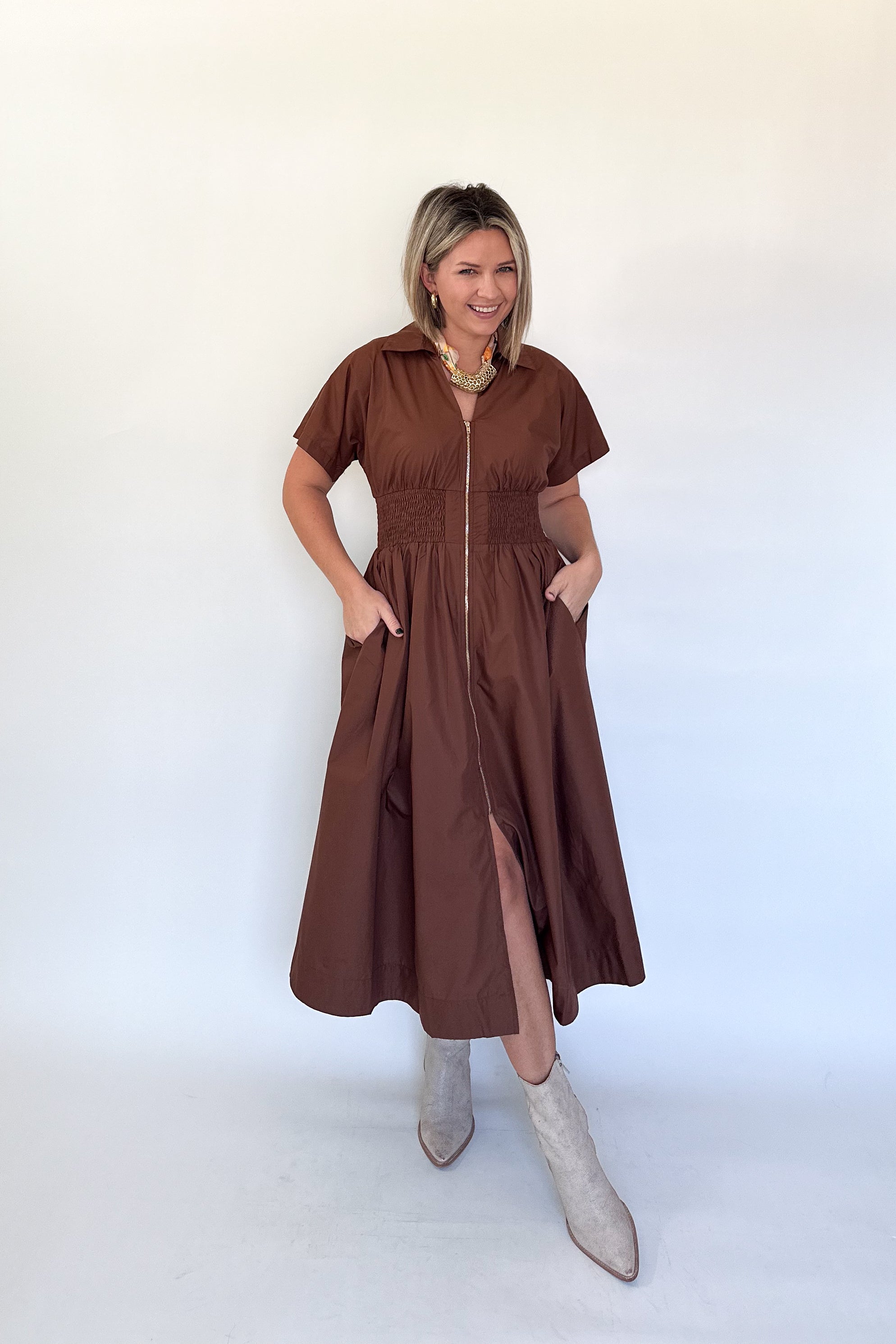 entro chocolate brown maxi dress with gold zipper