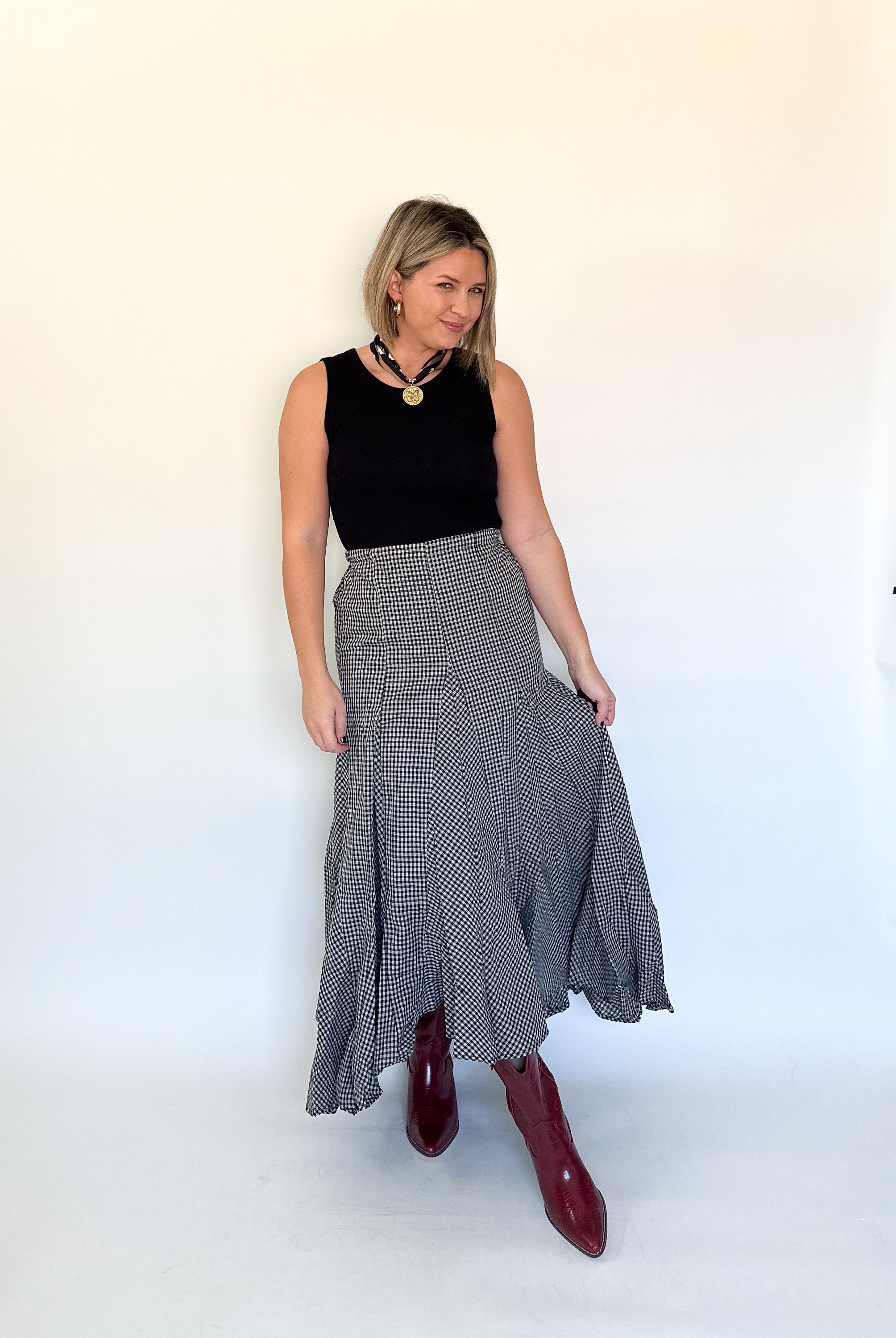 olivaceous gingham maxi skirt