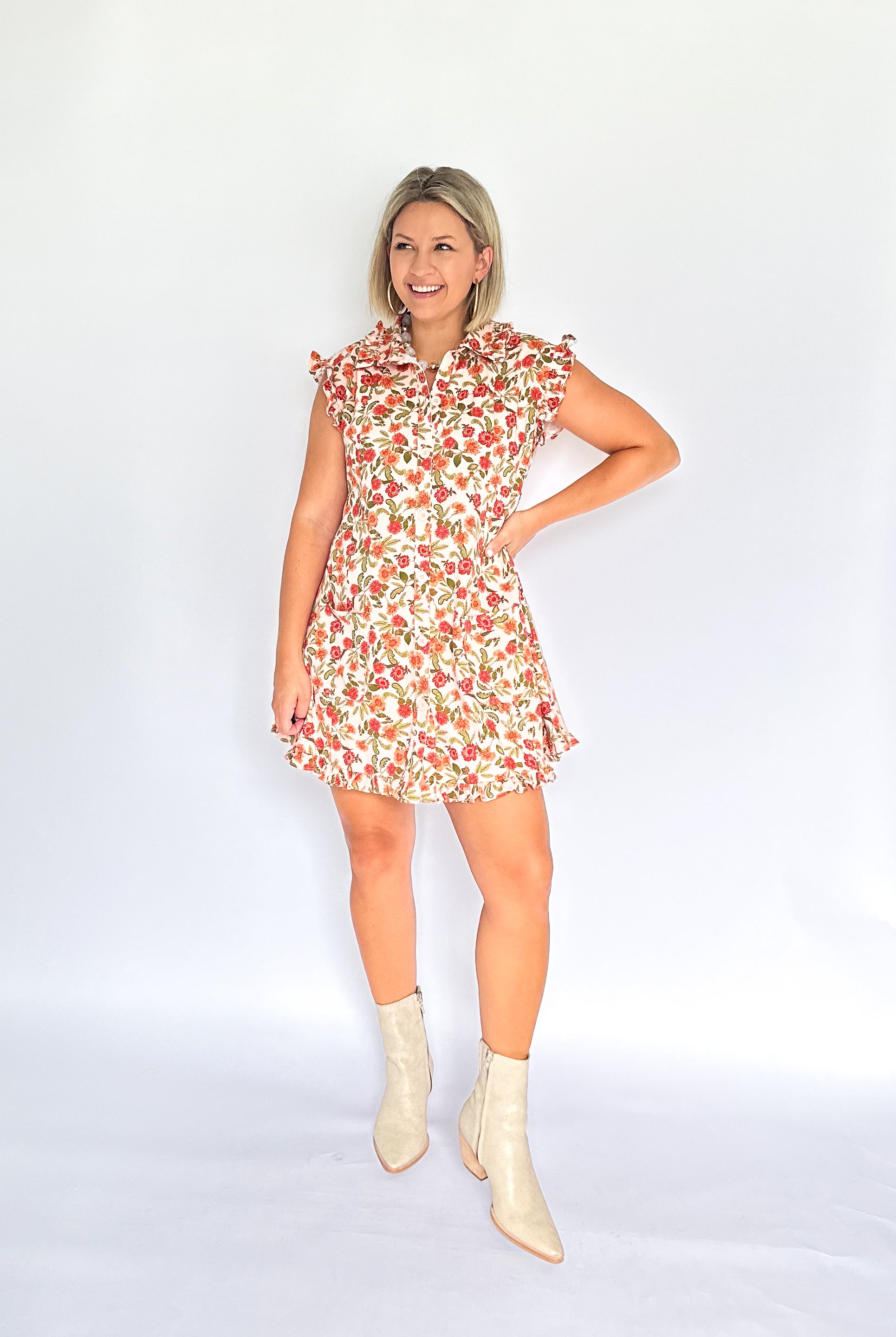 olivaceous floral mini dress