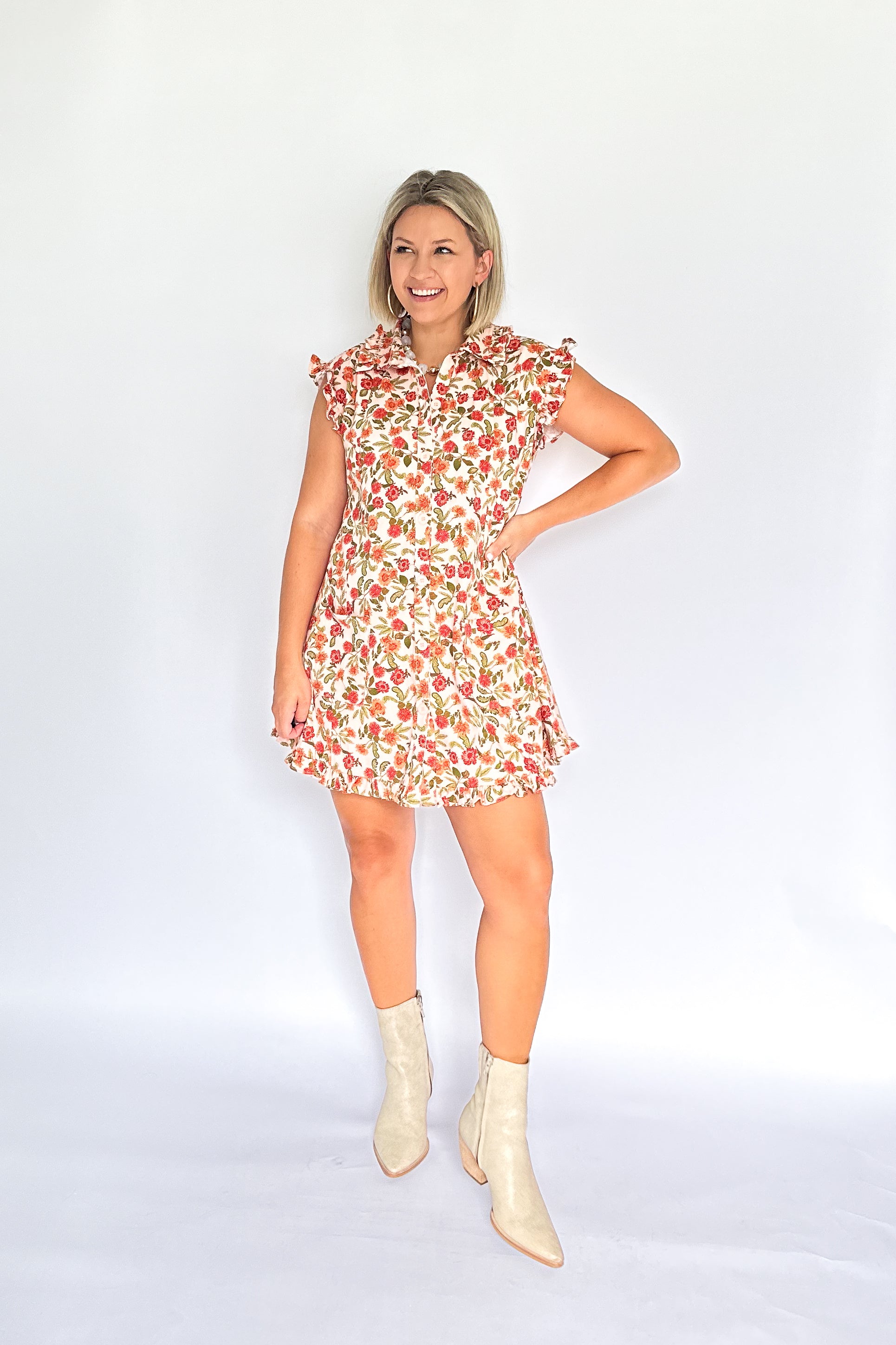 olivaceous floral mini dress