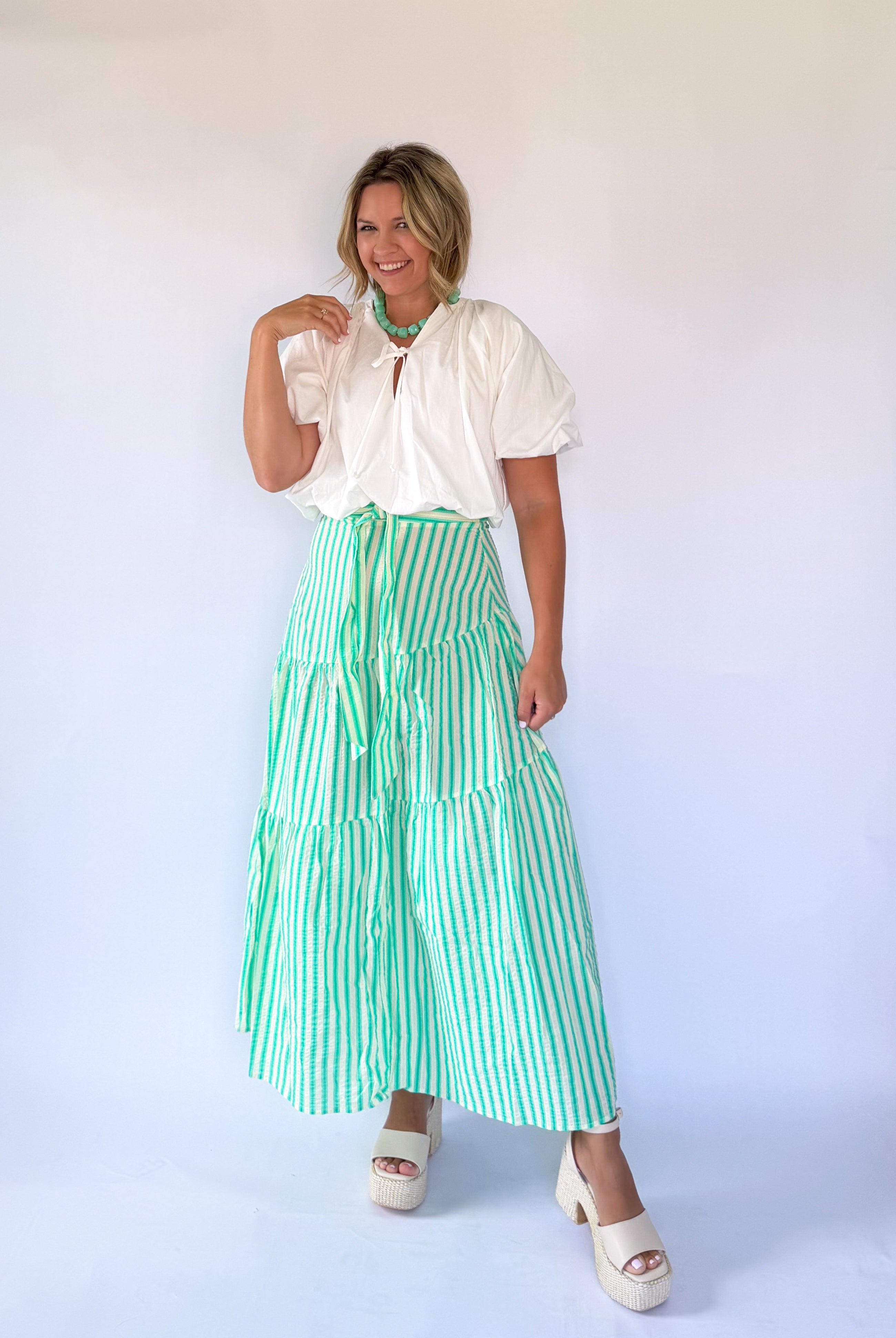 Seersucker Stripe Maxi Skirt By Karlie