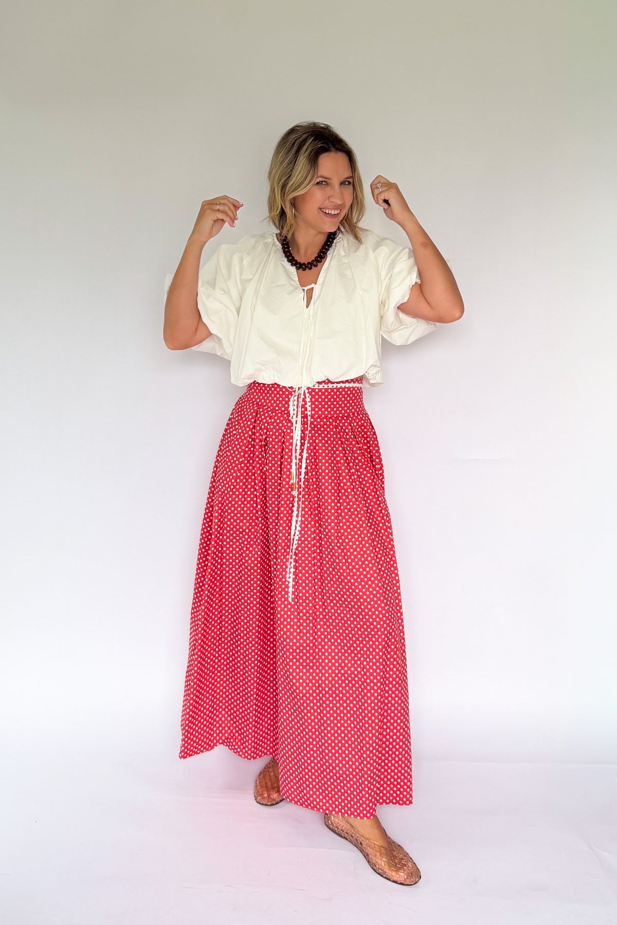 tcec berry polka dot maxi skirt
