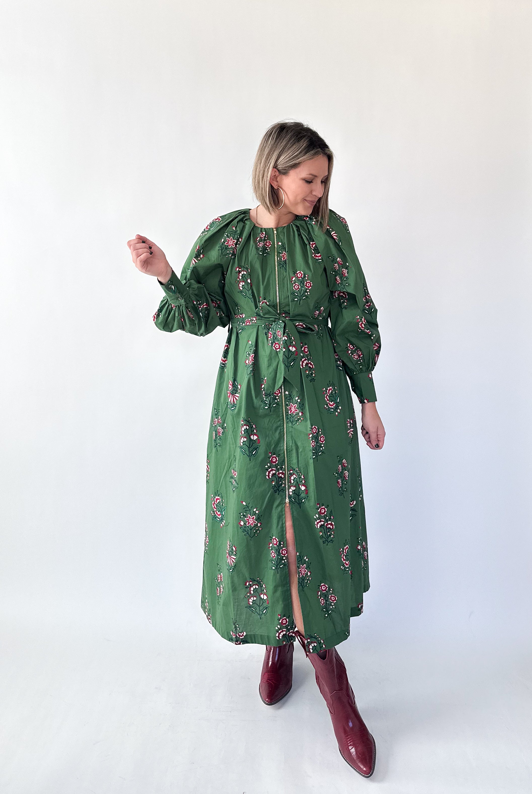 entro green floral zip up midi dress