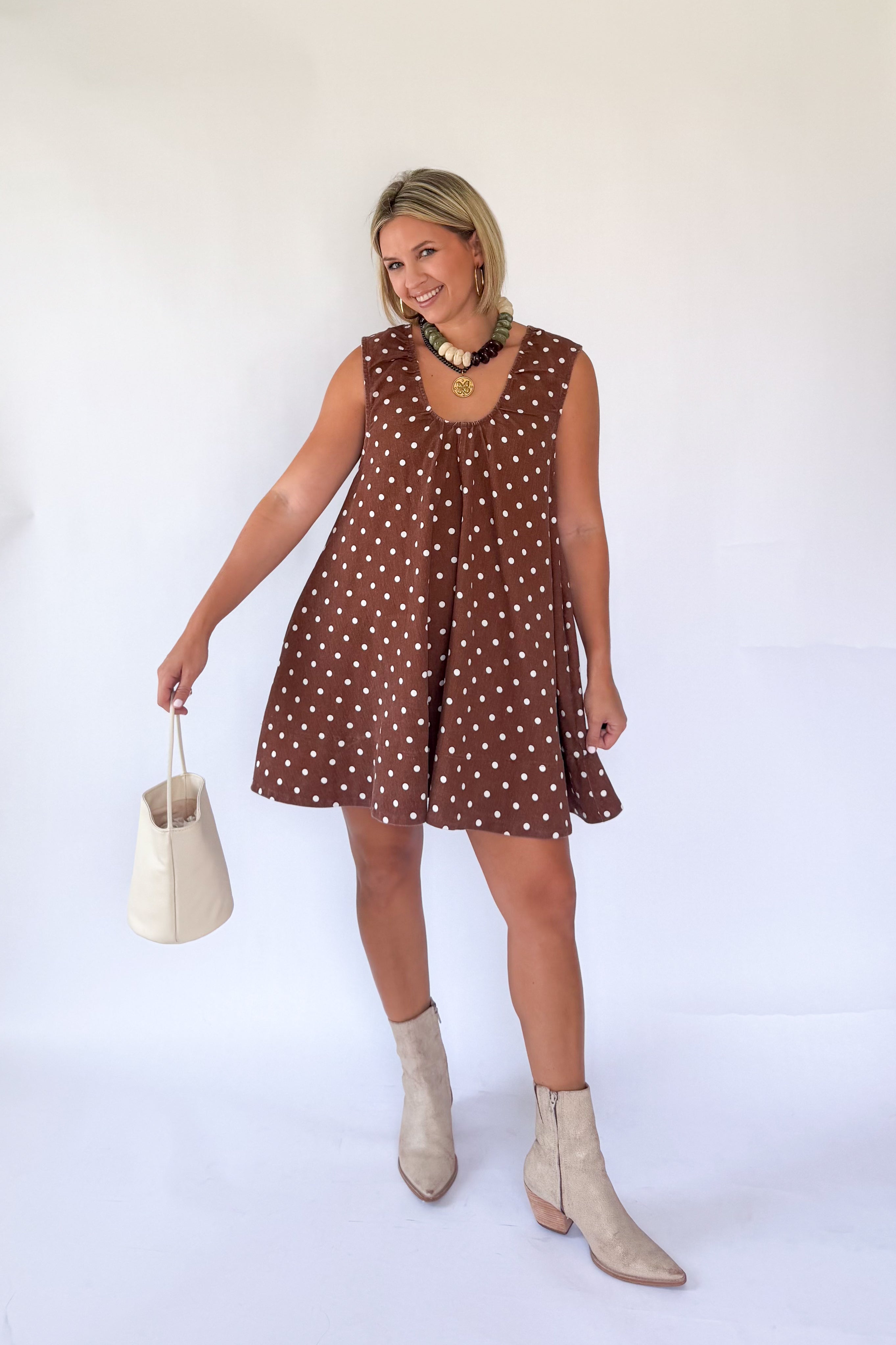 olivaceous brown polka dot mini dress