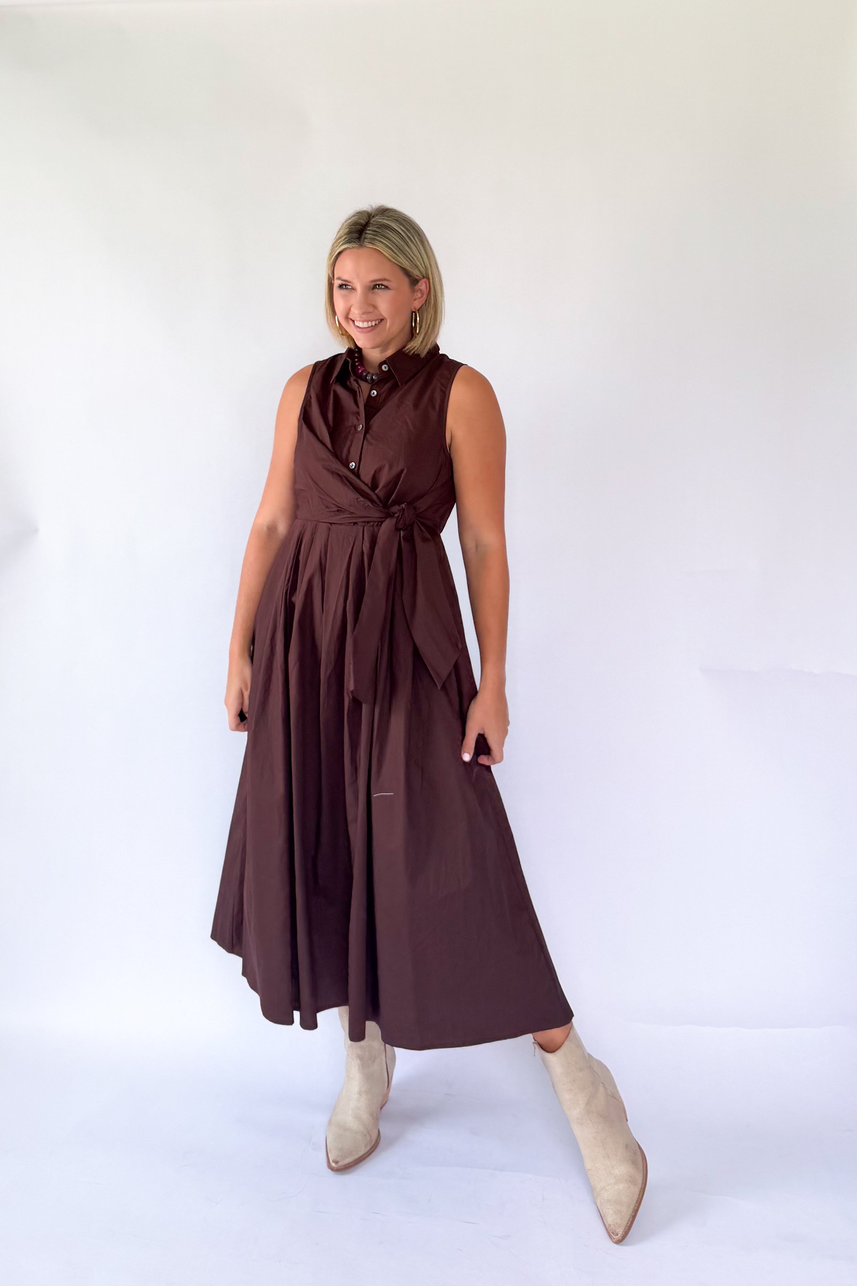 entro brown maxi dress with tie at waist