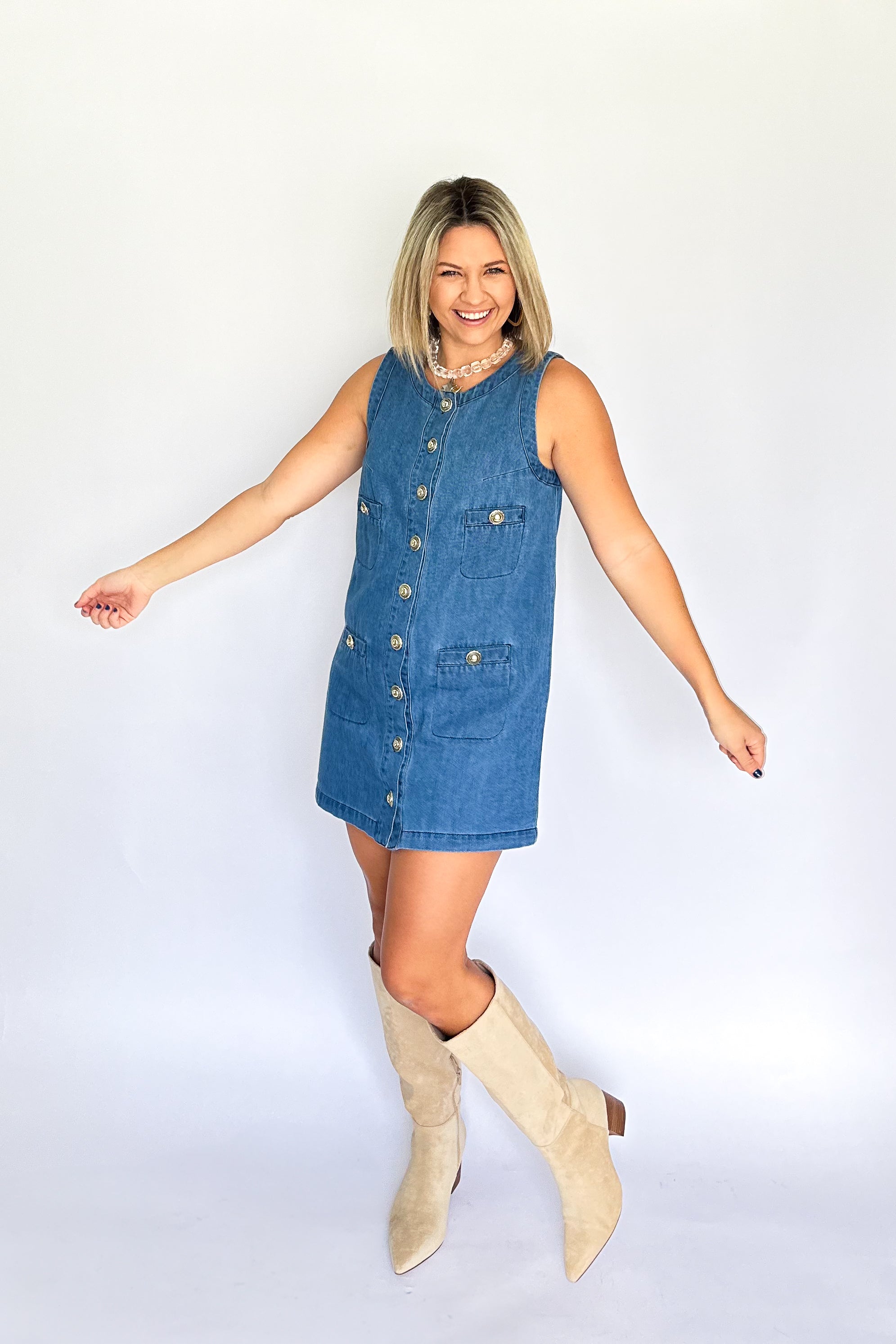 karlie denim mini dress with gold buttons