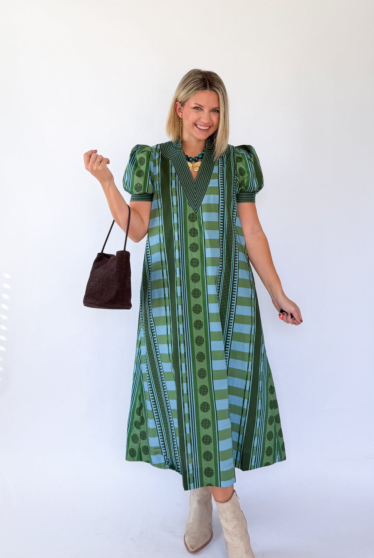 entro green and blue stripe and polka dot maxi dress
