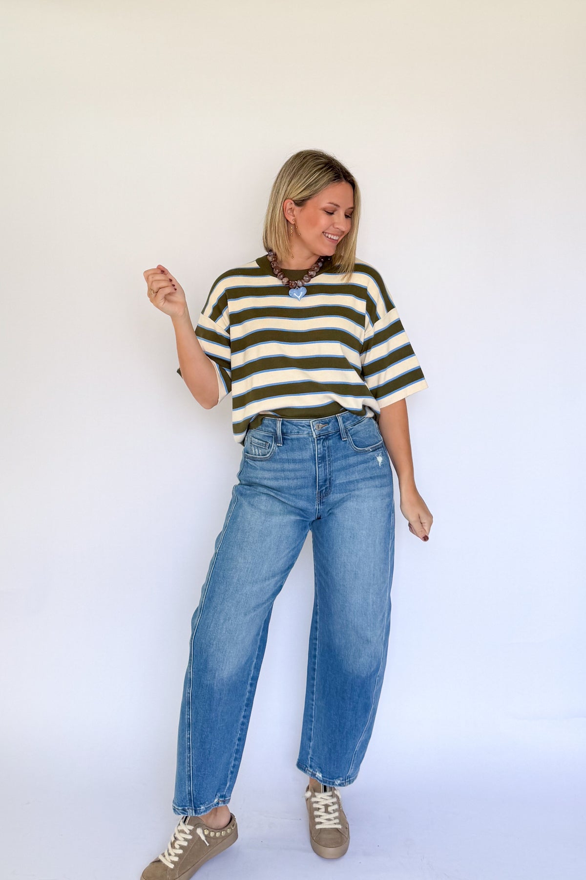 entro olive green, blue & white stripe sweater