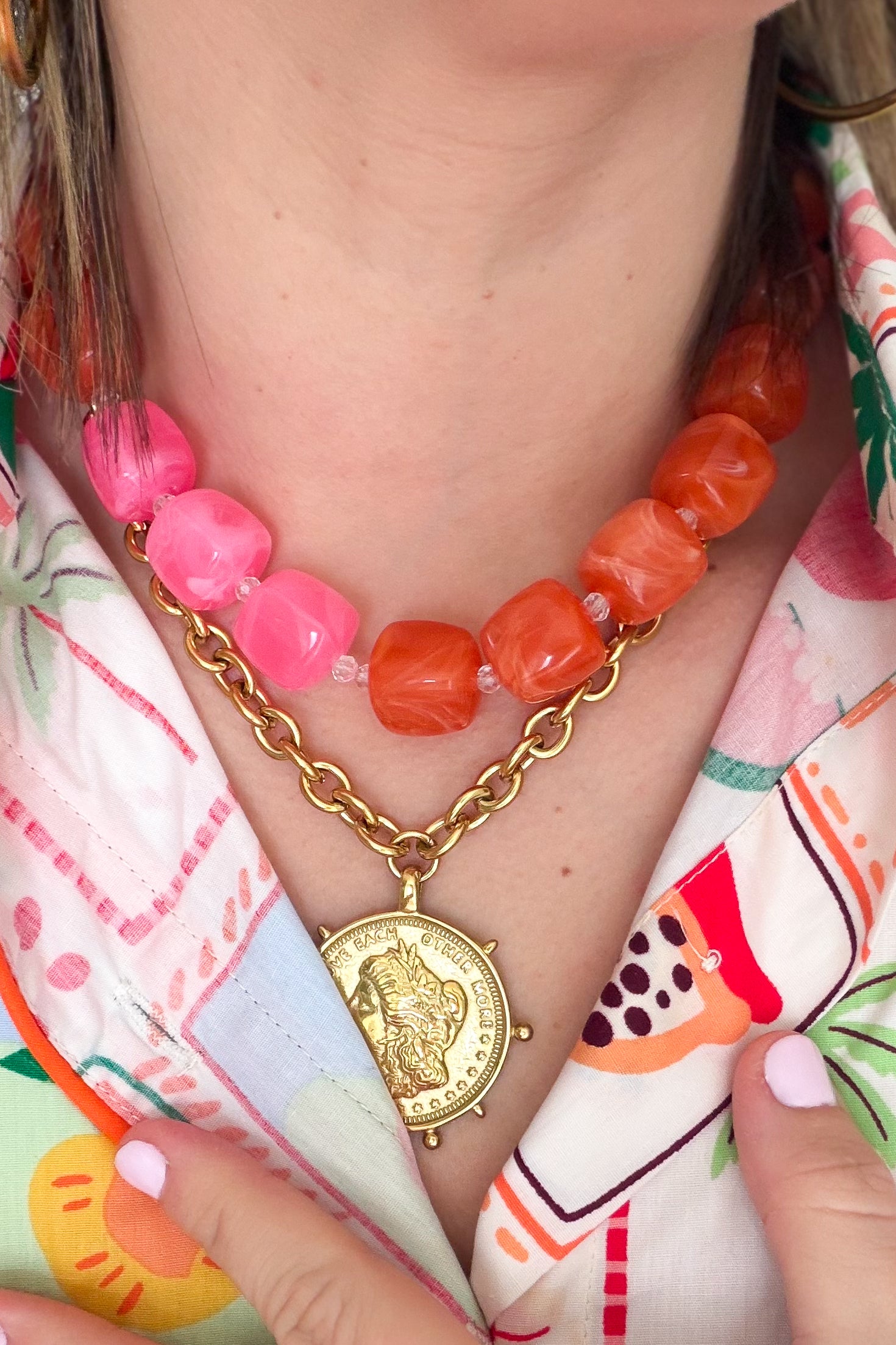 Pink + Orange Square Beaded Necklace
