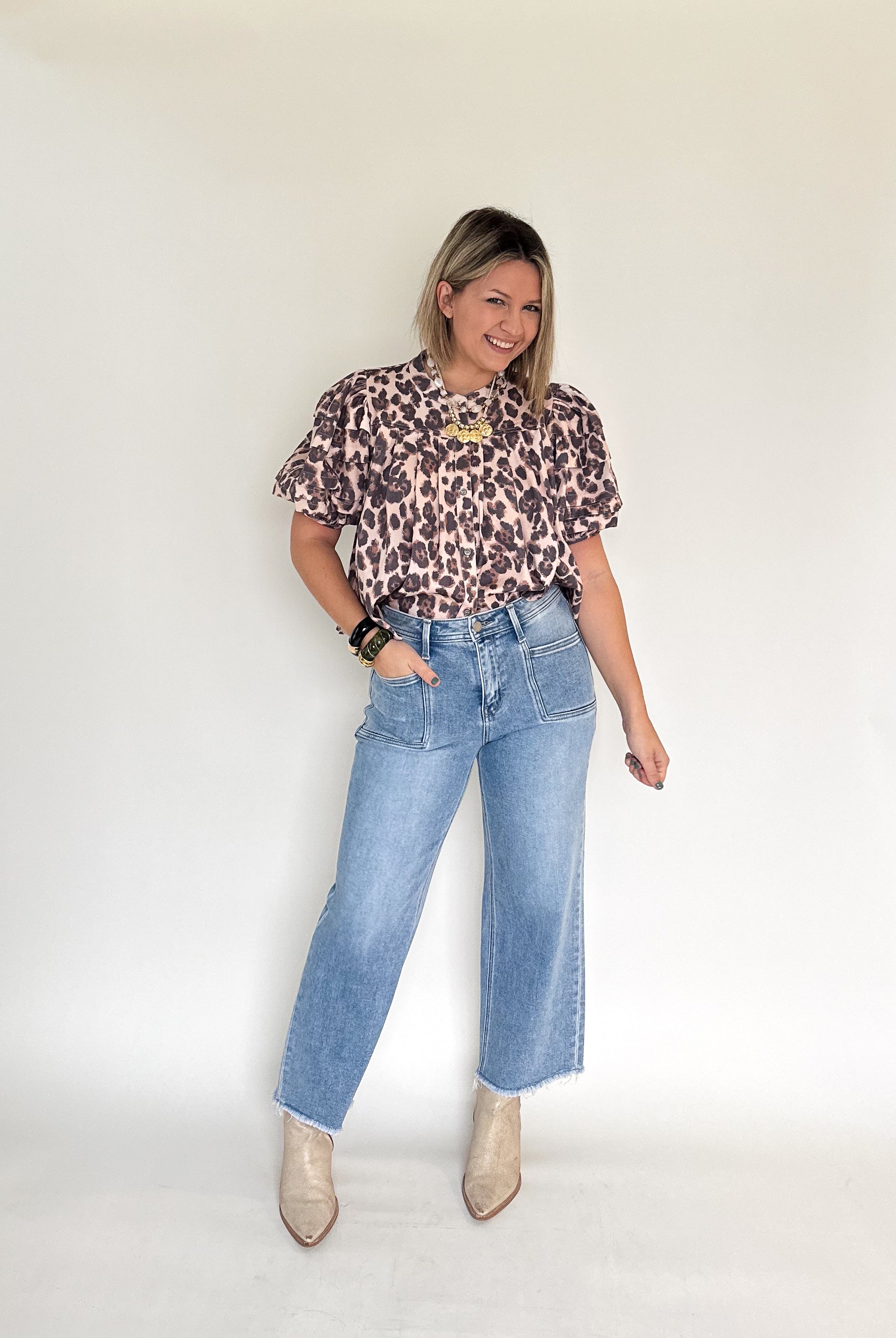 Leopard Denim Pleat Top By Karlie