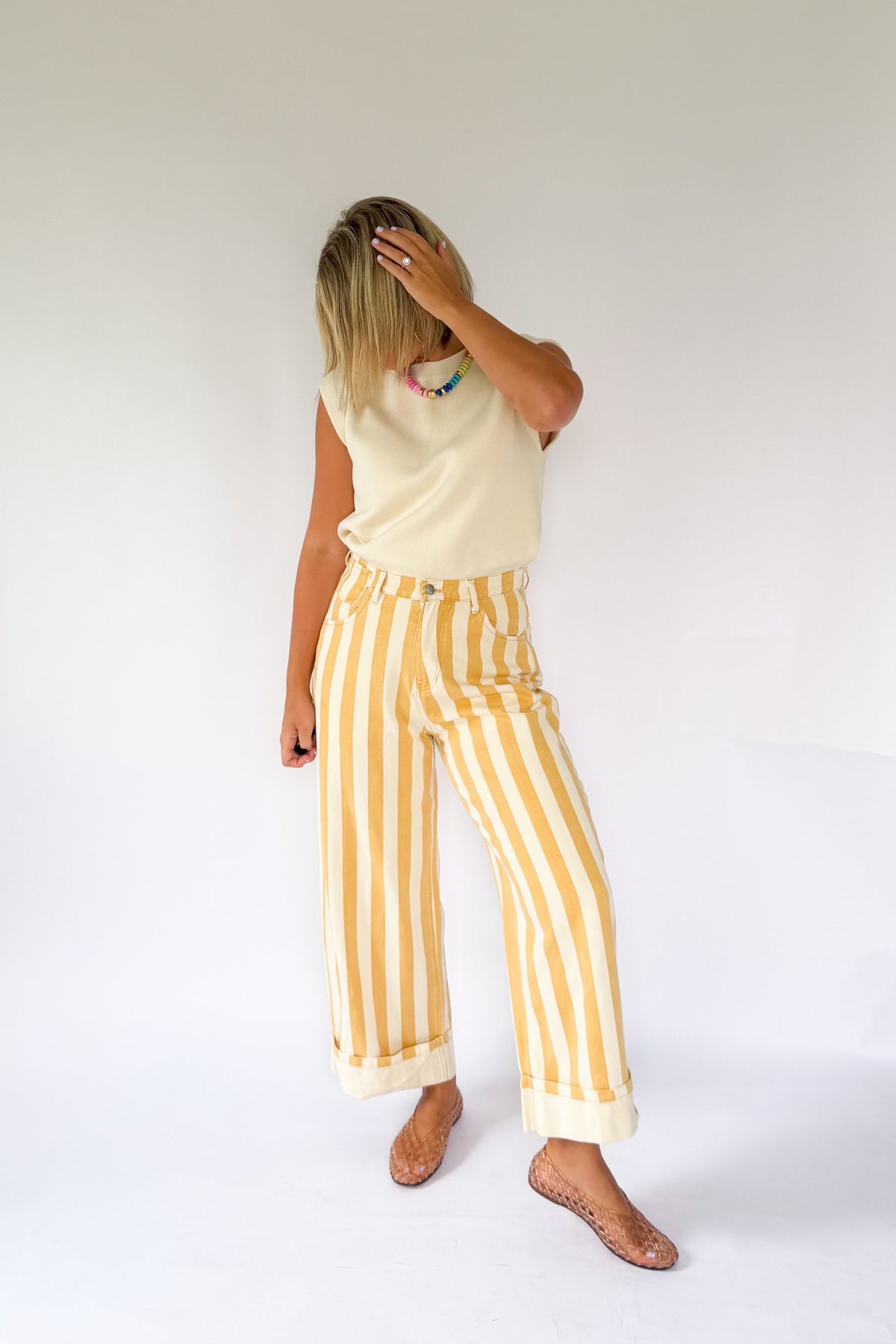 peach love California yellow stripe cuff jeans