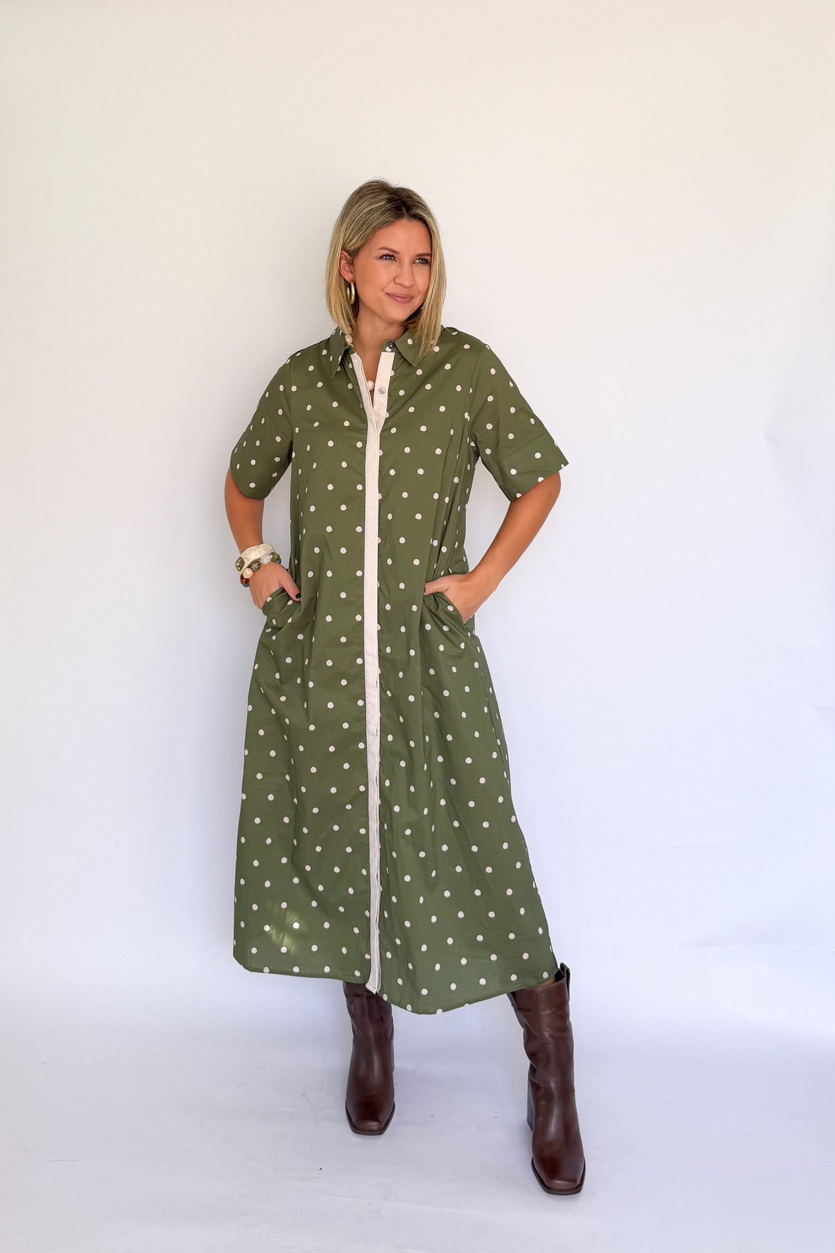 entro olive maxi with ivory polka dots