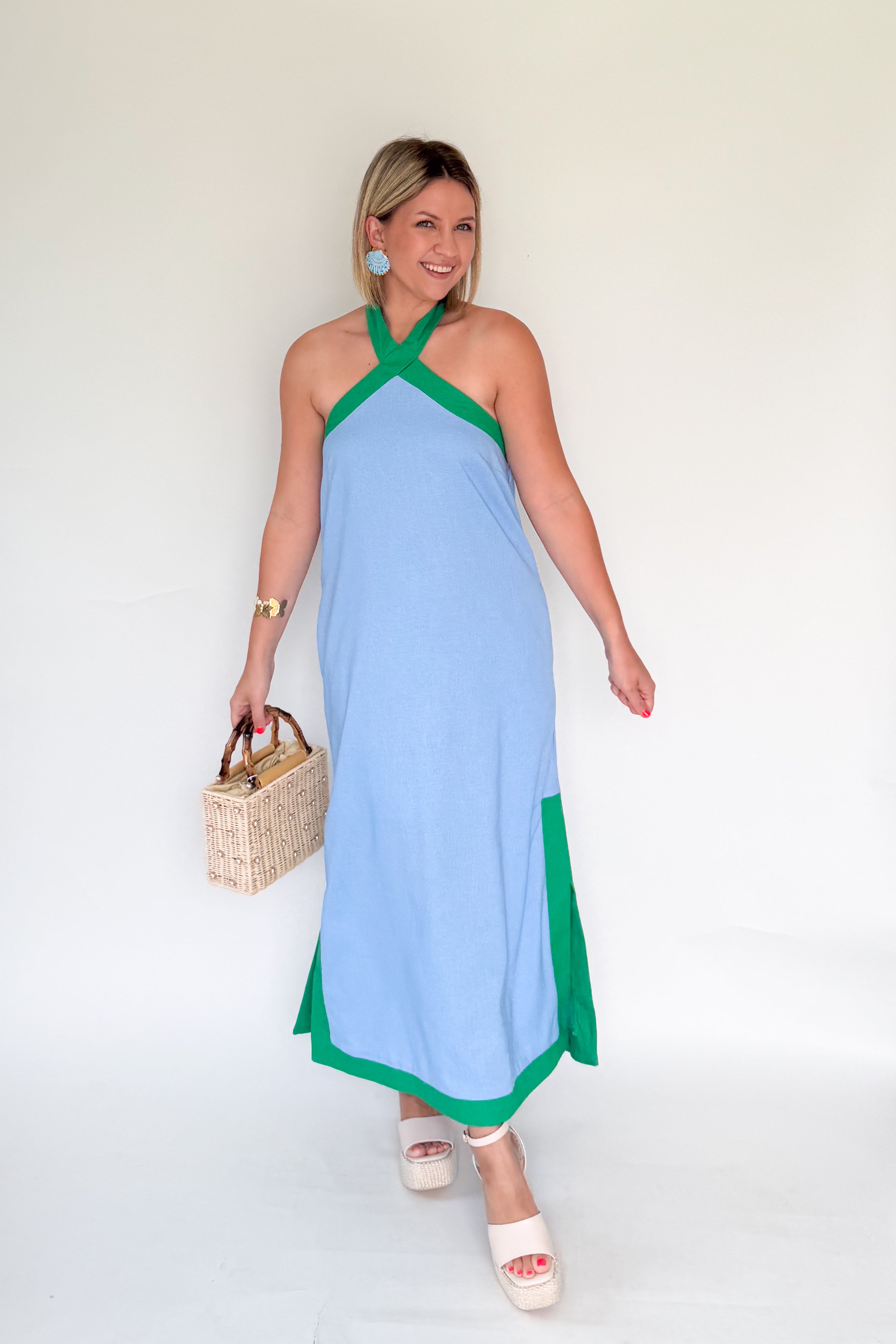 entro blue & green linen halter maxi