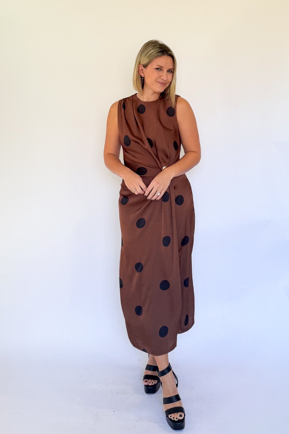 entro brown & black polka dot midi dress
