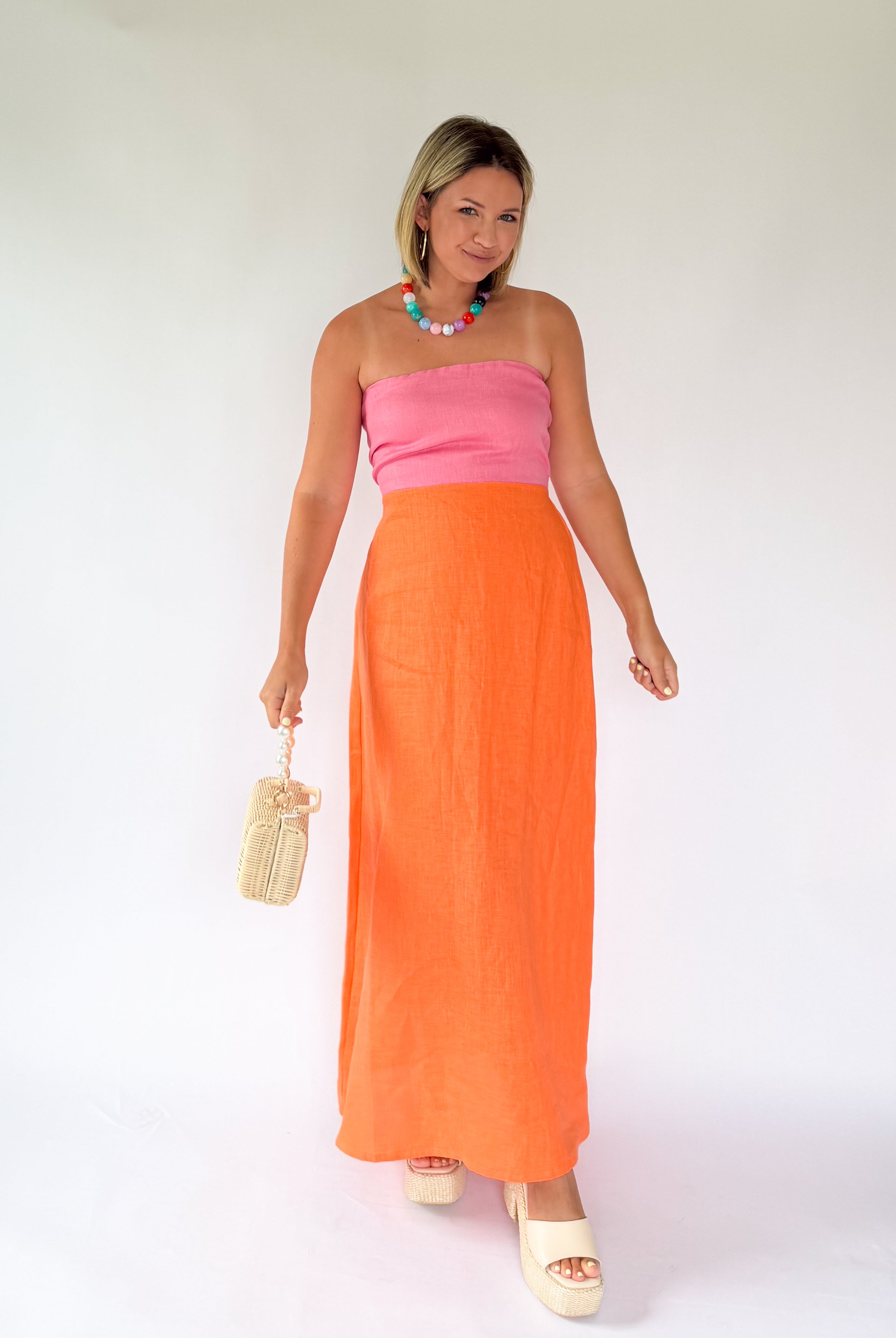 olivaceous pink and orange color block maxi dress
