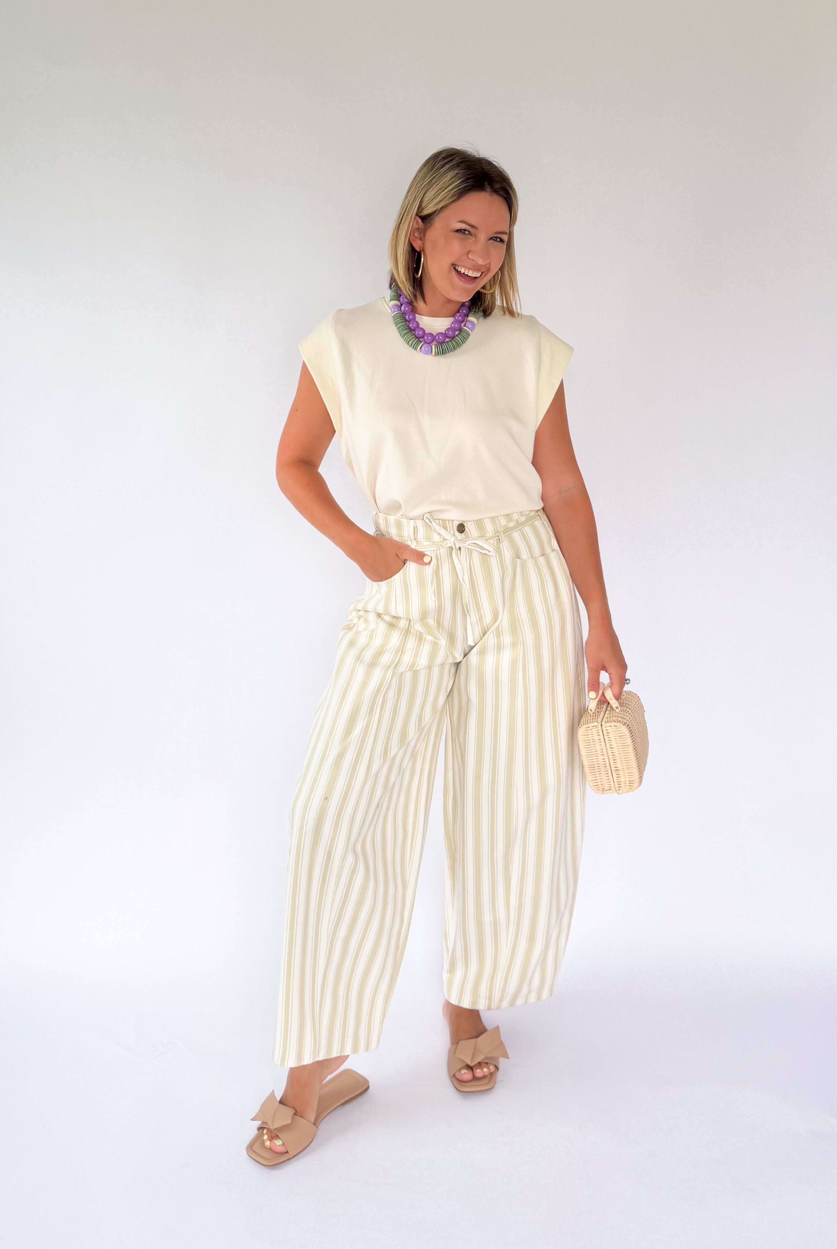 peach love California taupe stripe barrel pant