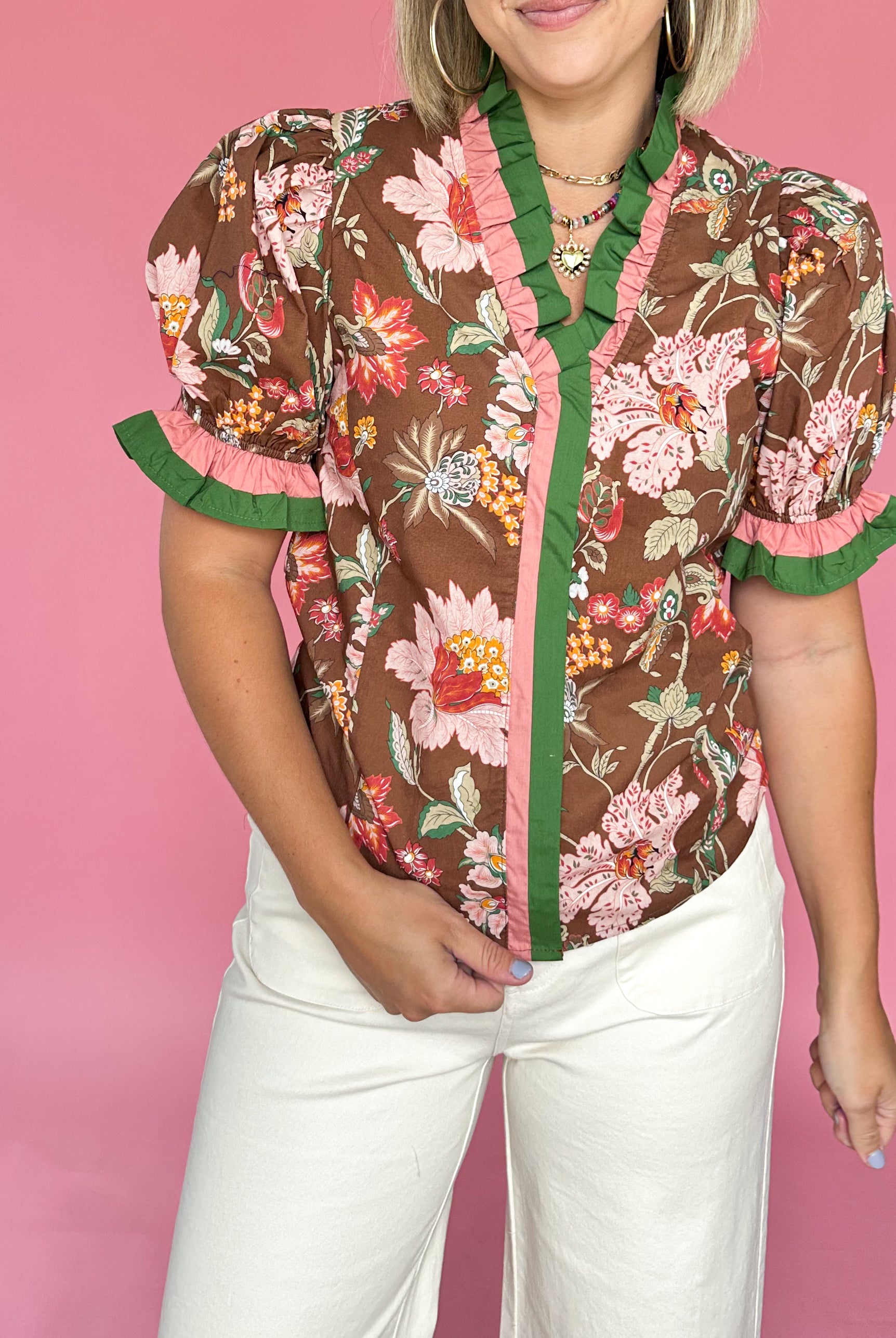 entro brown and pink floral top