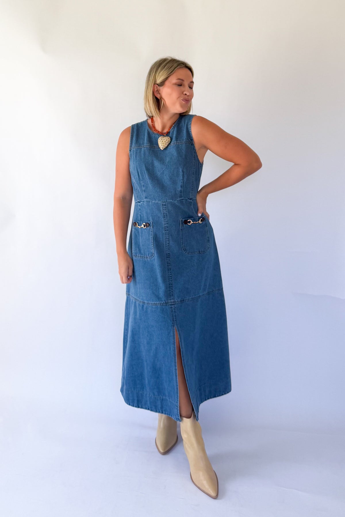 entro denim maxi dress with buckles