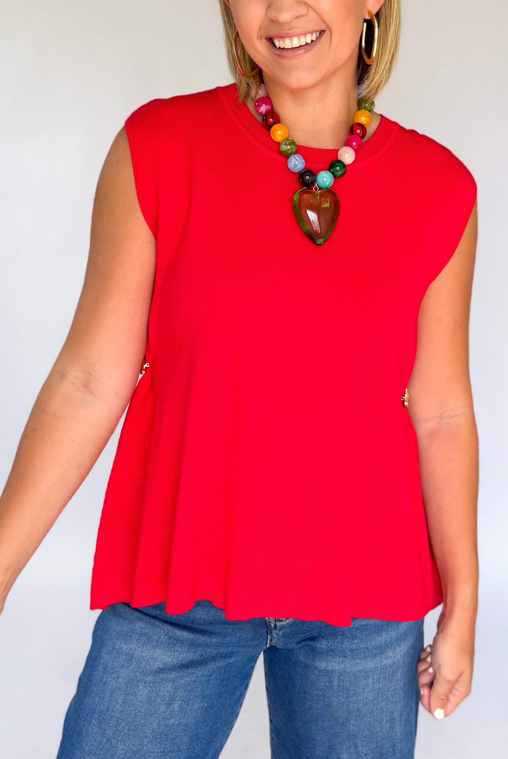 entro red top with gold buttons