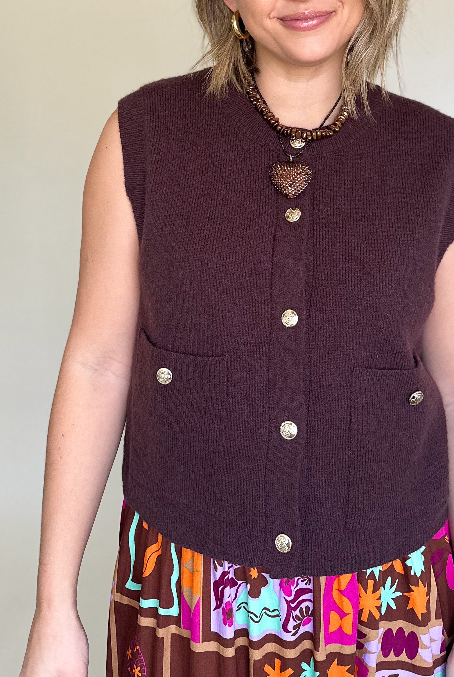 entro brown sweater cardigan with gold buttons