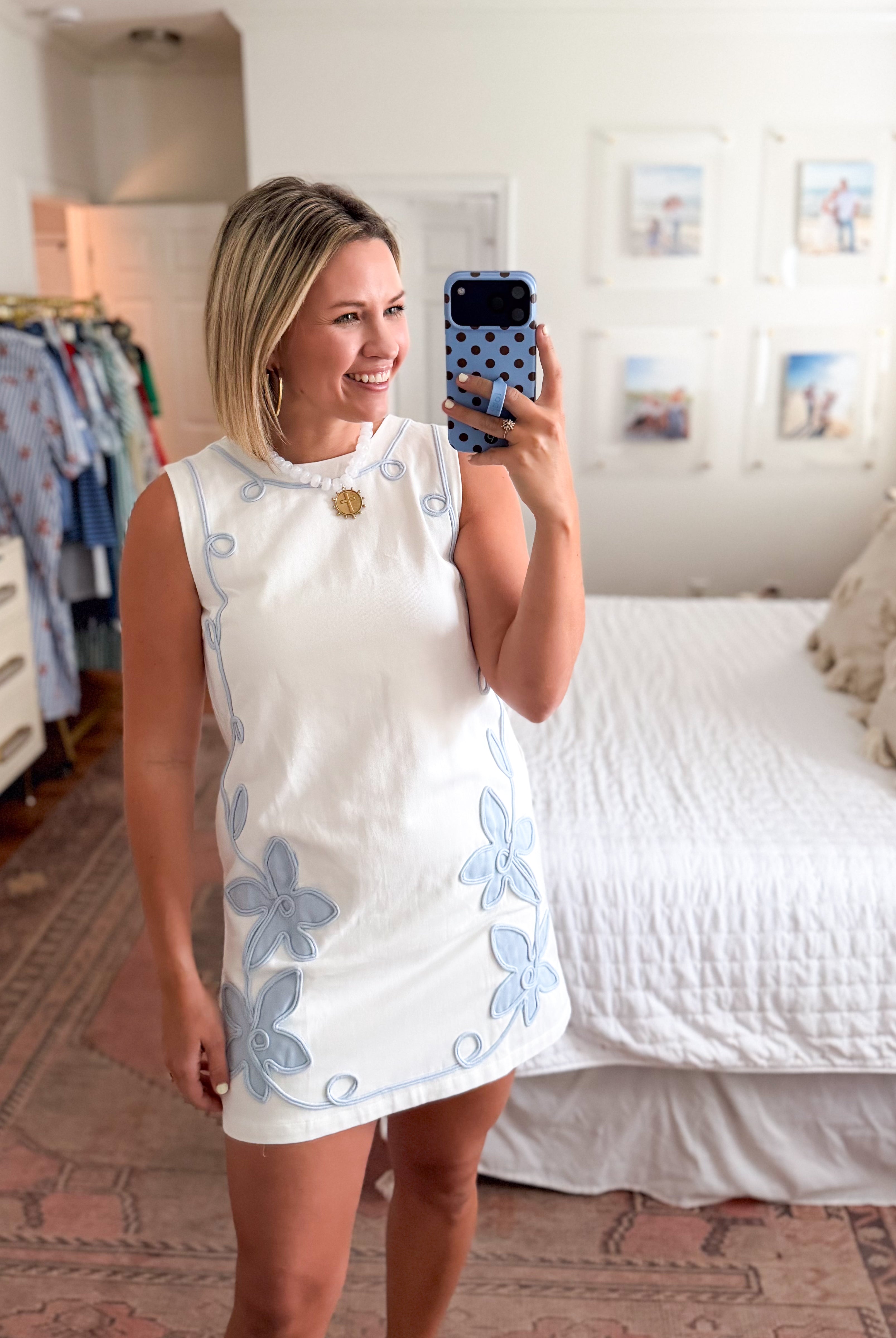 tcec white denim dress with blue embroidery