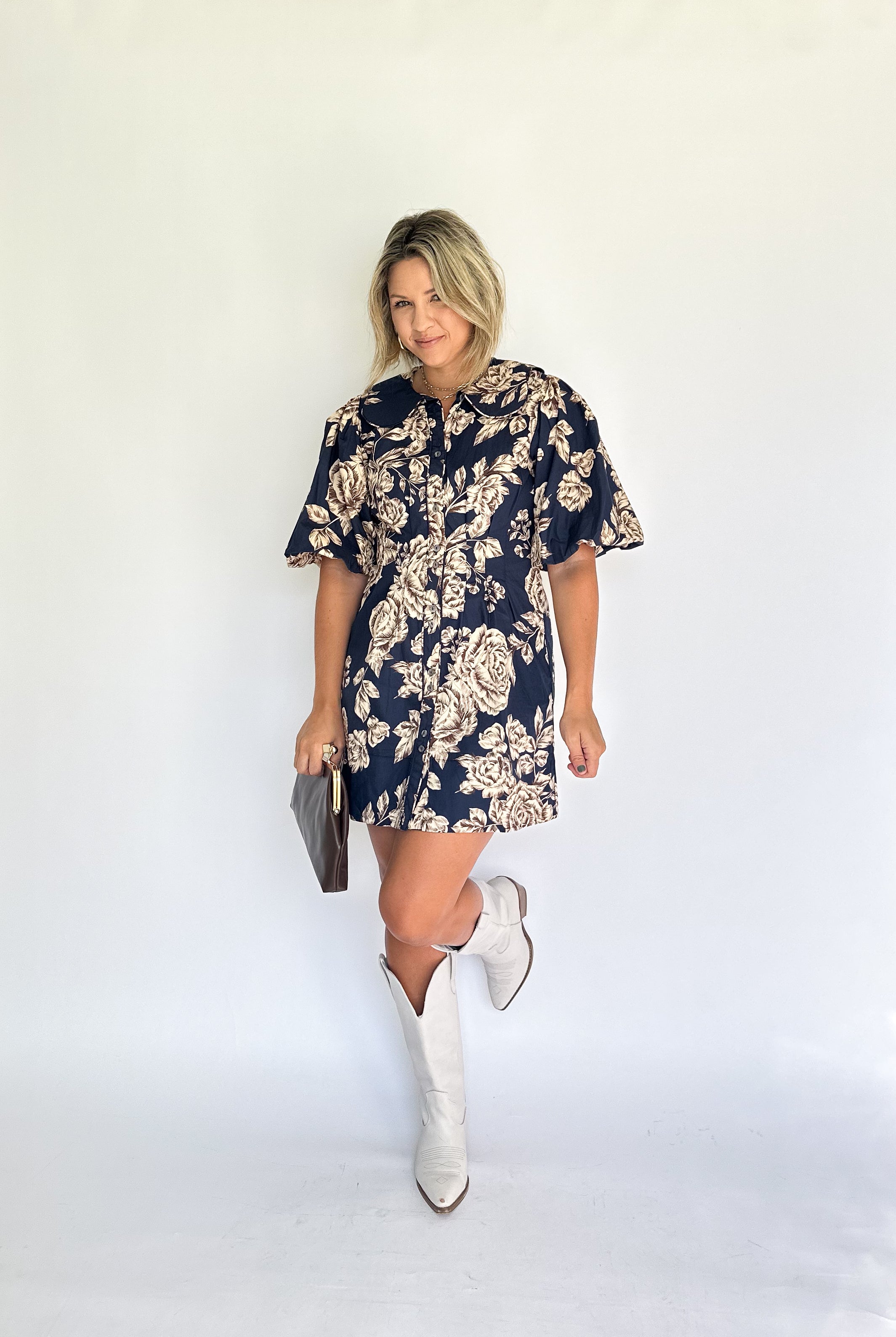 olivaceous floral navy mini dress