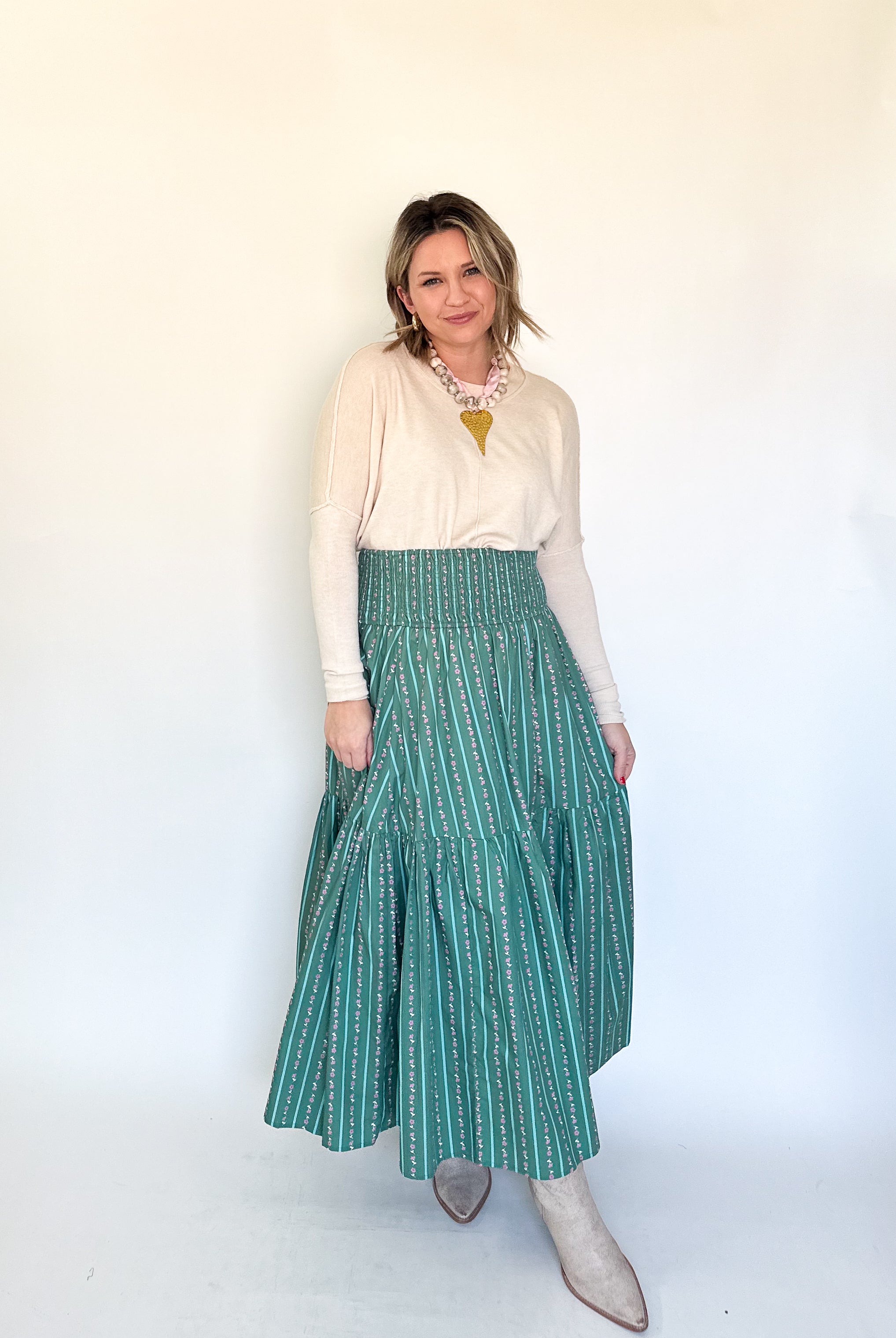 Floral Stripe Smock Maxi Skirt By Karlie