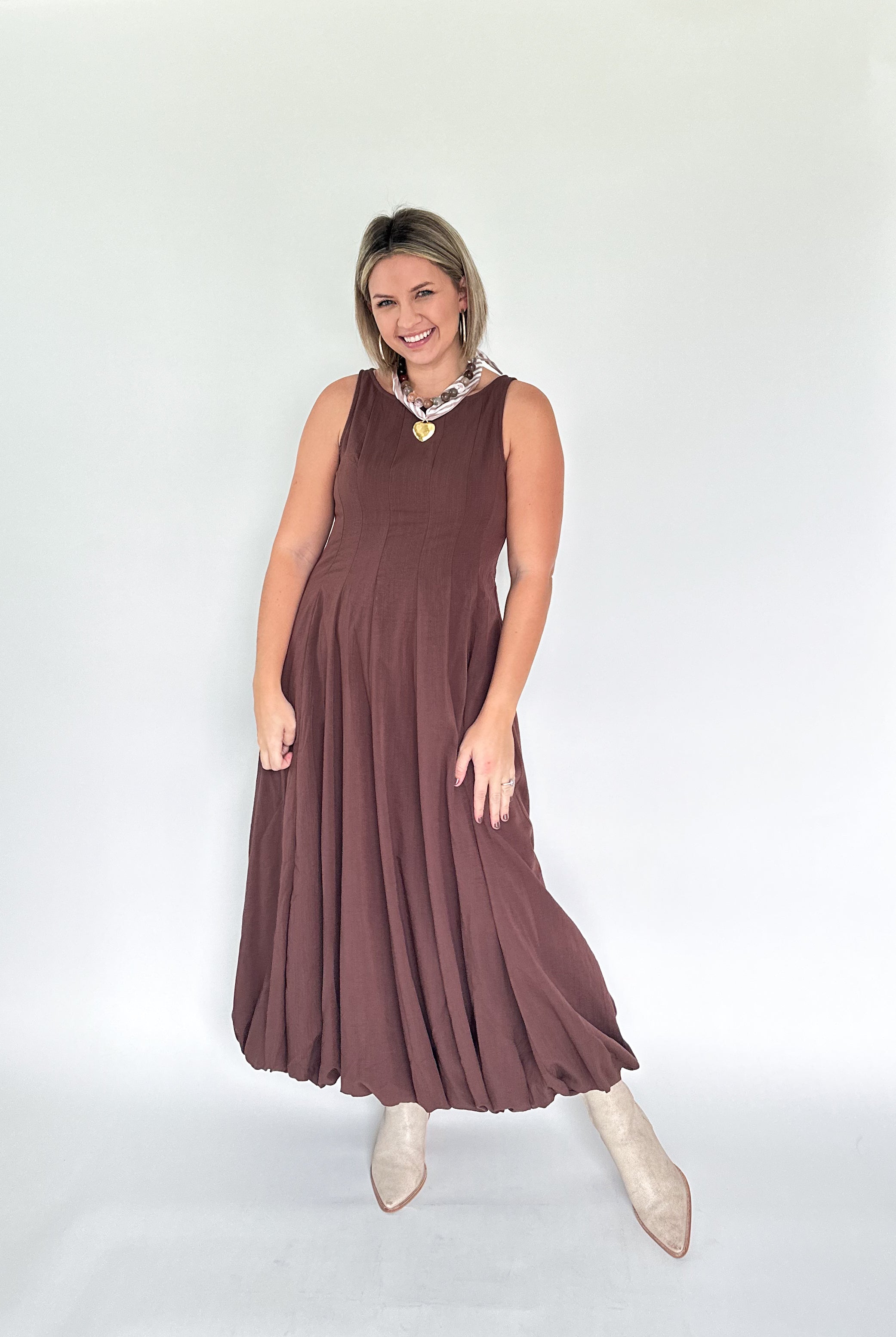 entro brown bubble maxi dress