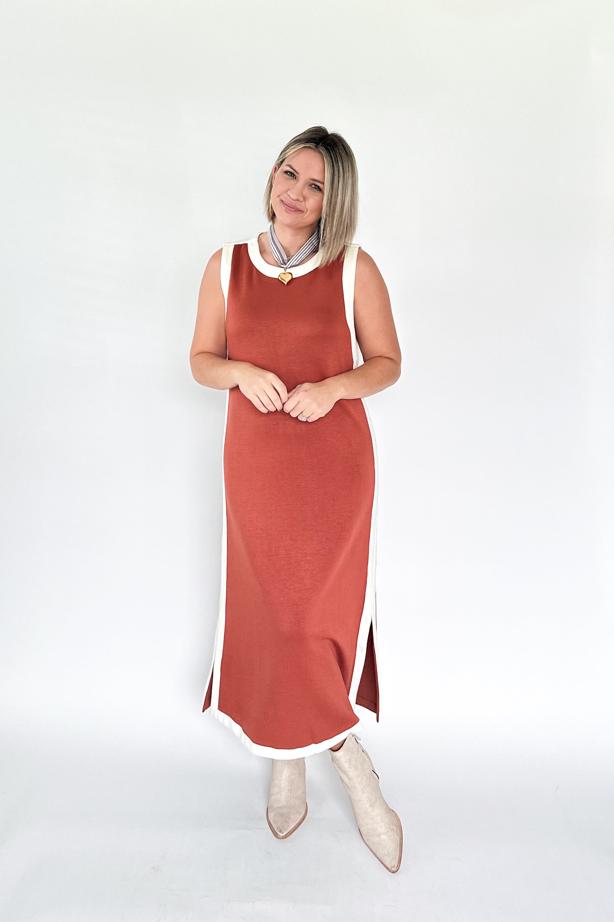 entro rust maxi dress with white stripe down side