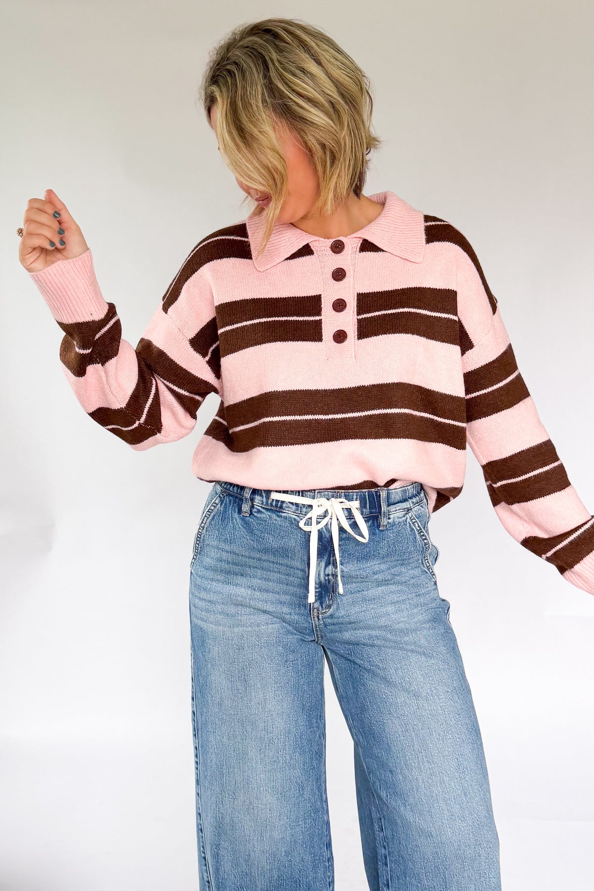 entro pink & brown stripe collared sweater