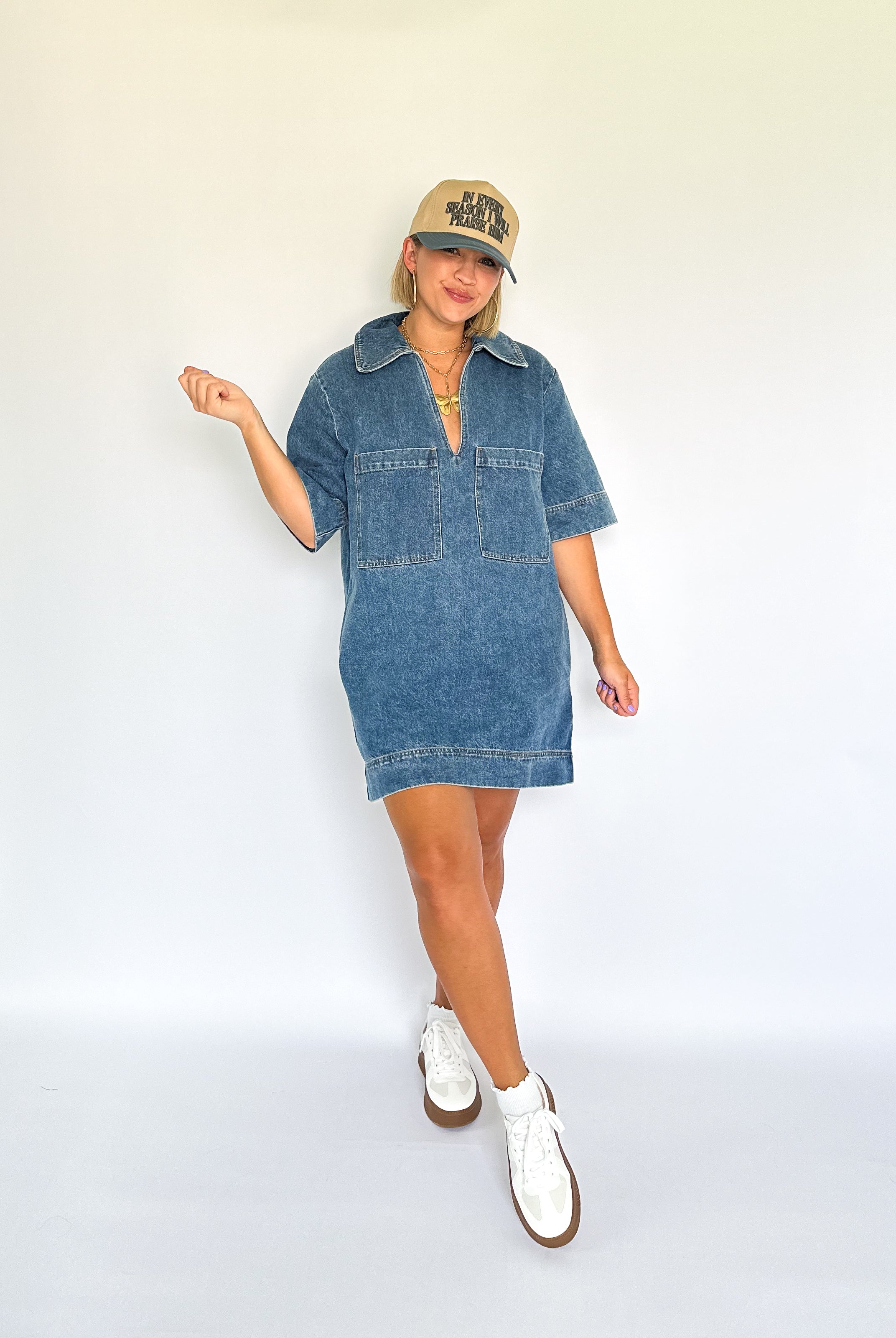 olivaceous denim pocket mini dress