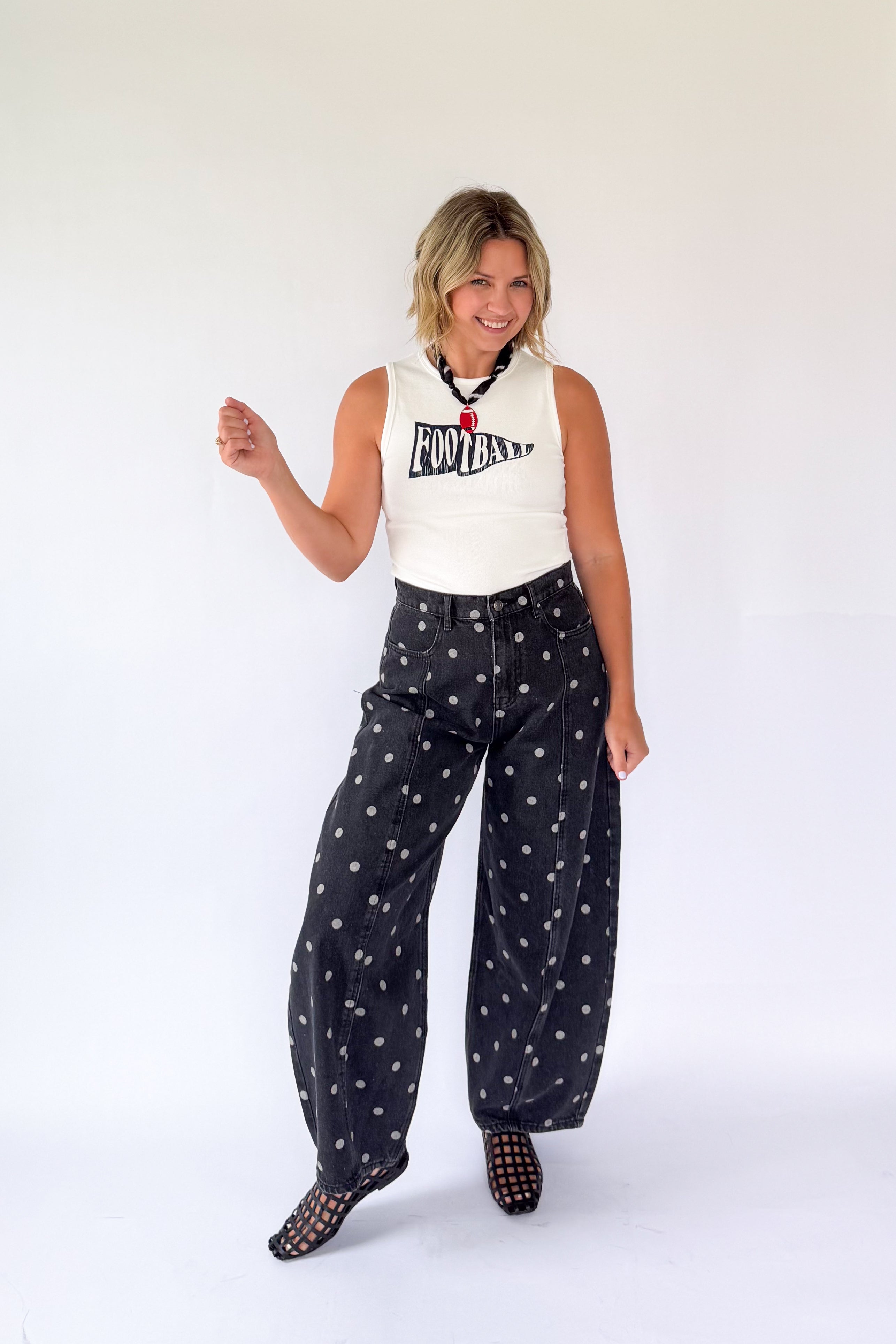 PEACH LOVE CALI BLACK BARREL PANTS WITH WHITE POLKA DOTS