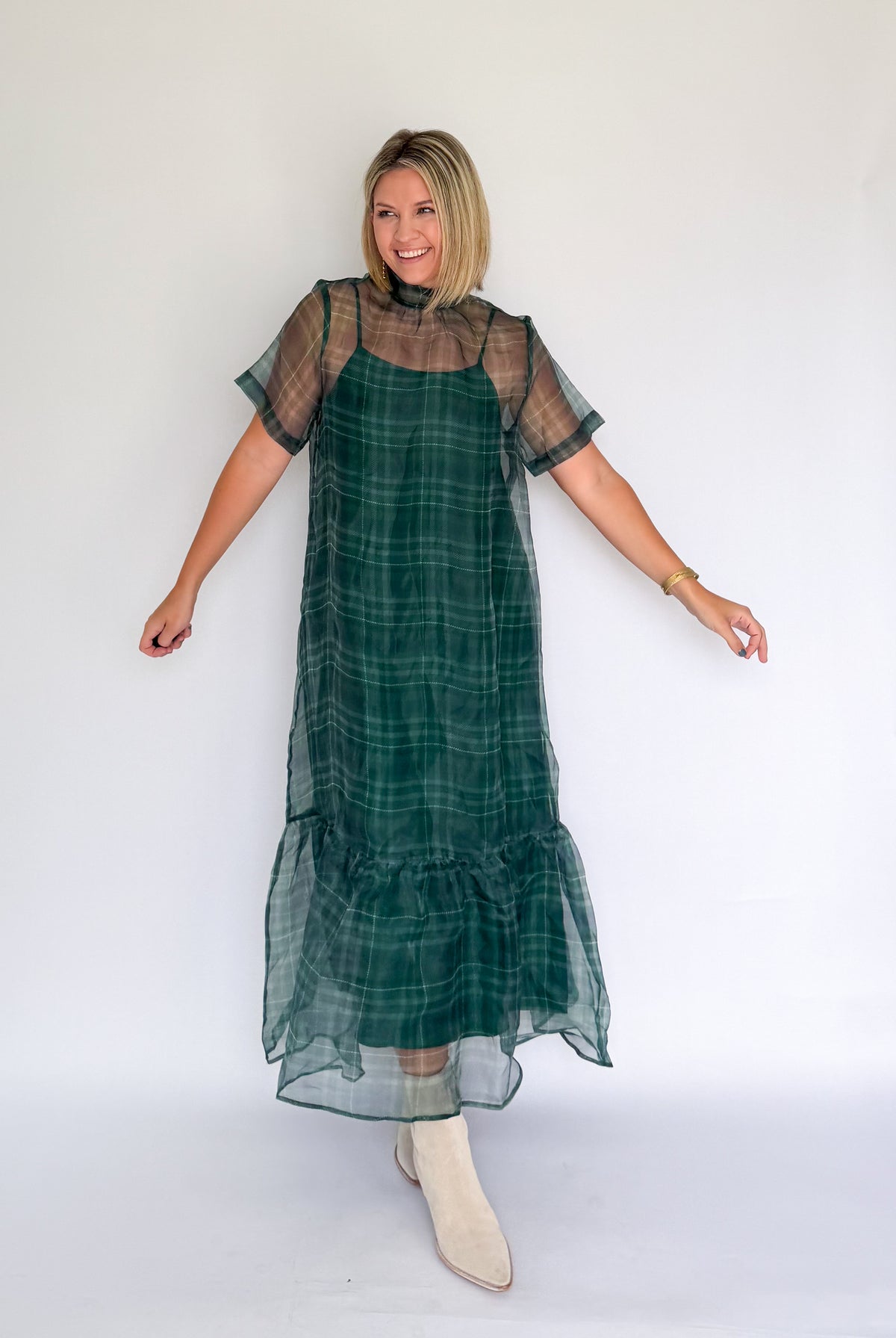 entro plaid tulle maxi dress