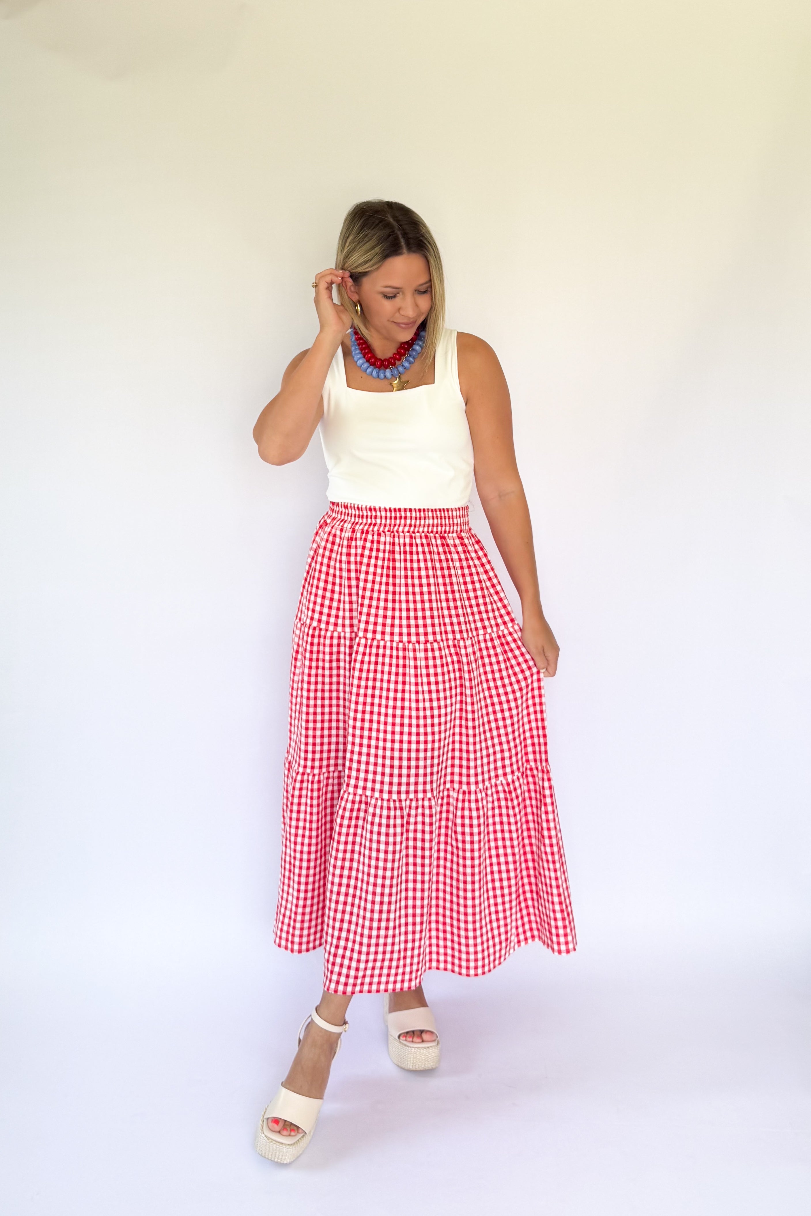 Entro red and white gingham maxi skirt