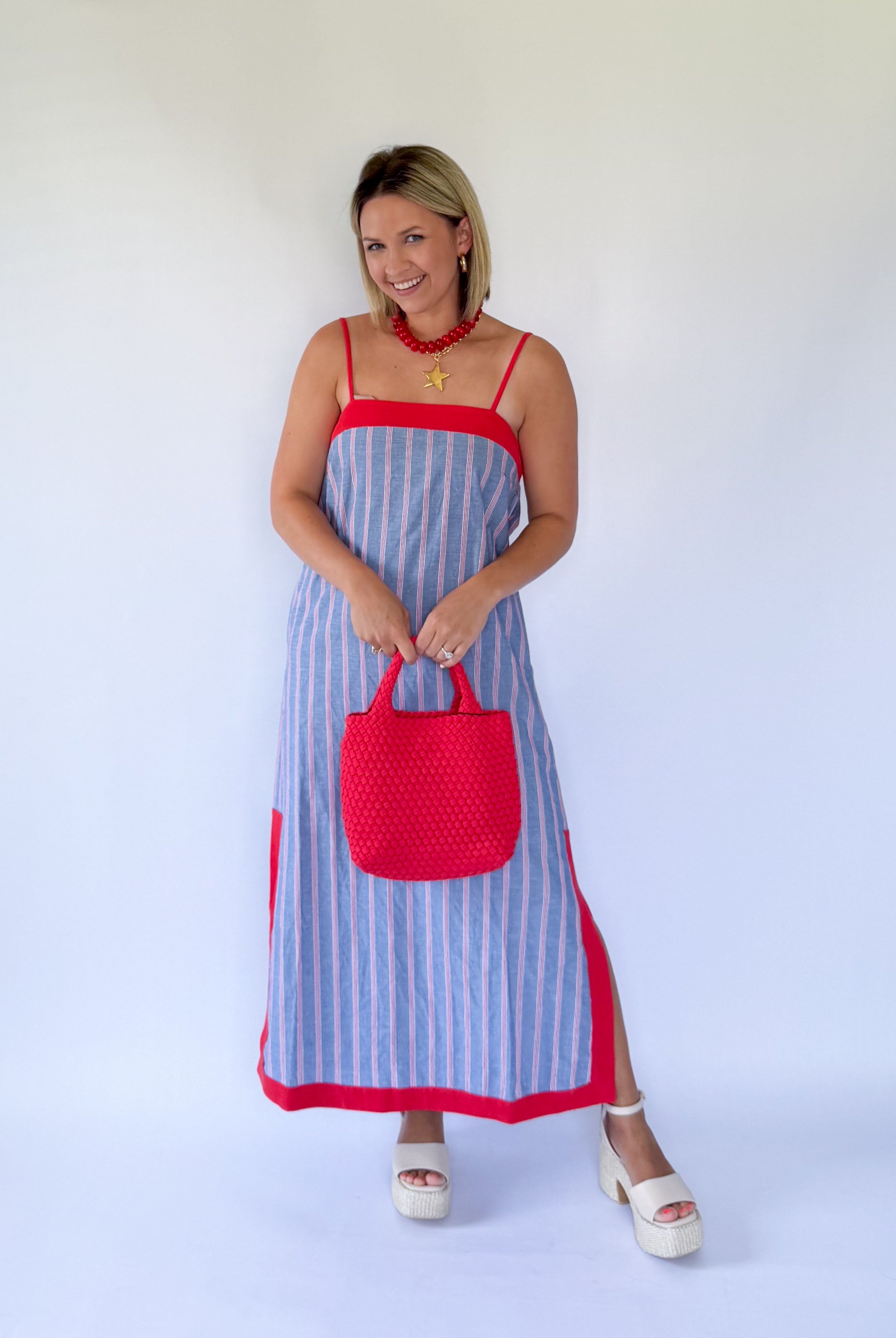 entro denim & red stripe maxi dress