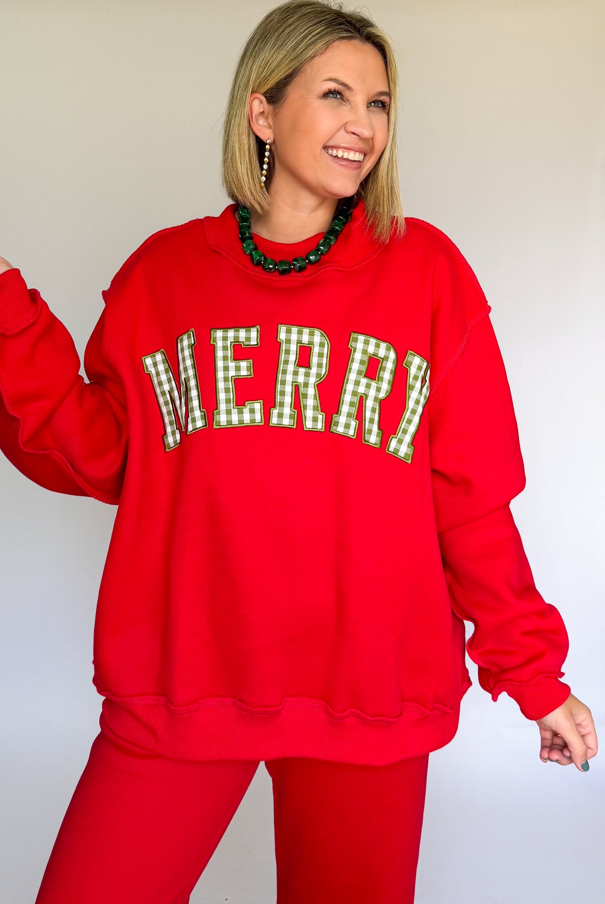 BUCKETLIST MERRY GINGHAM MOCKNECK RED SWEATSHIRT