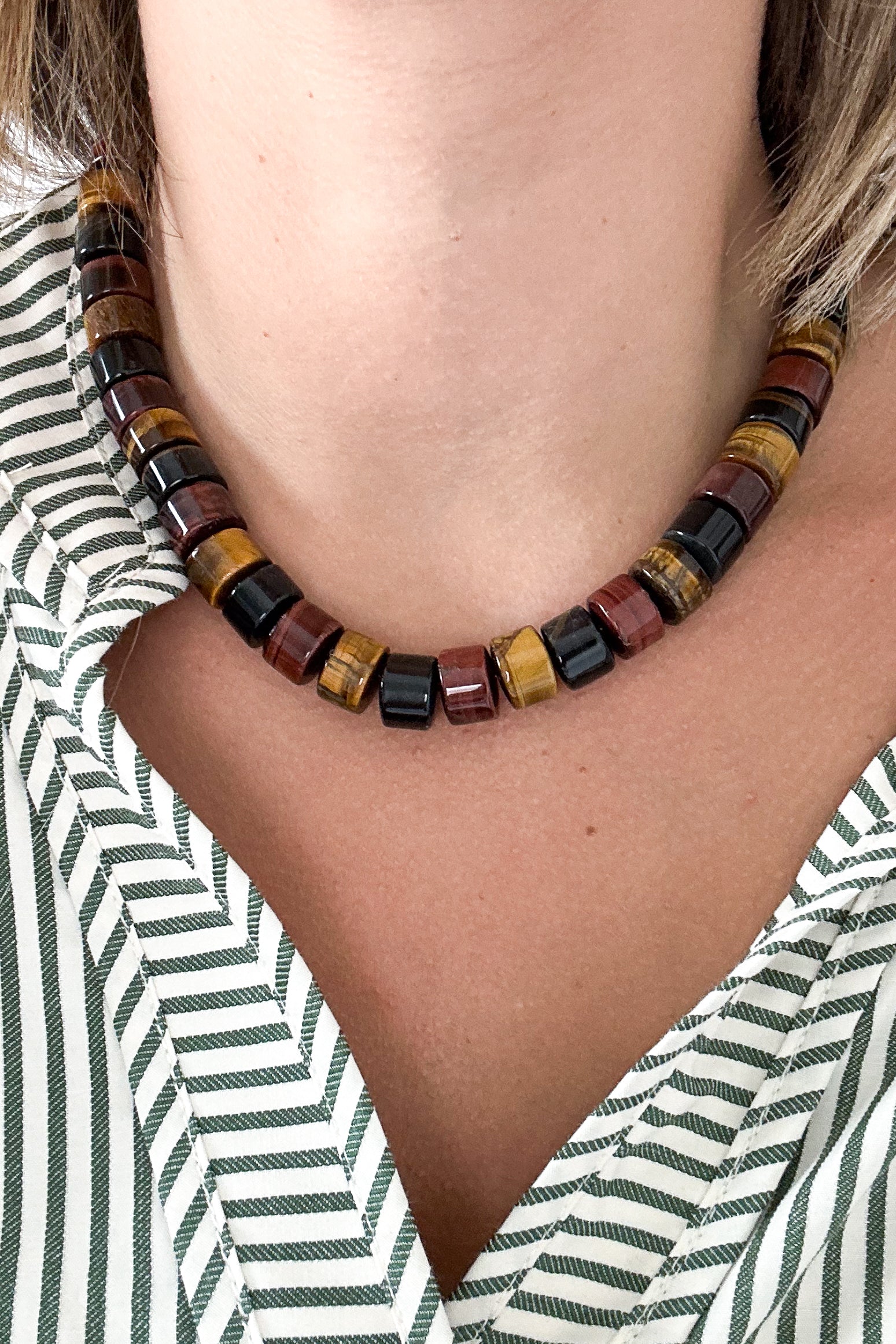 Tricolor Tiger Eye Rondel Bead Necklace