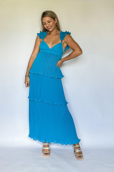 olivaceous blue ruffle maxi dress
