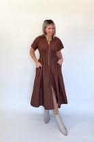 entro chocolate brown maxi dress with gold zipper