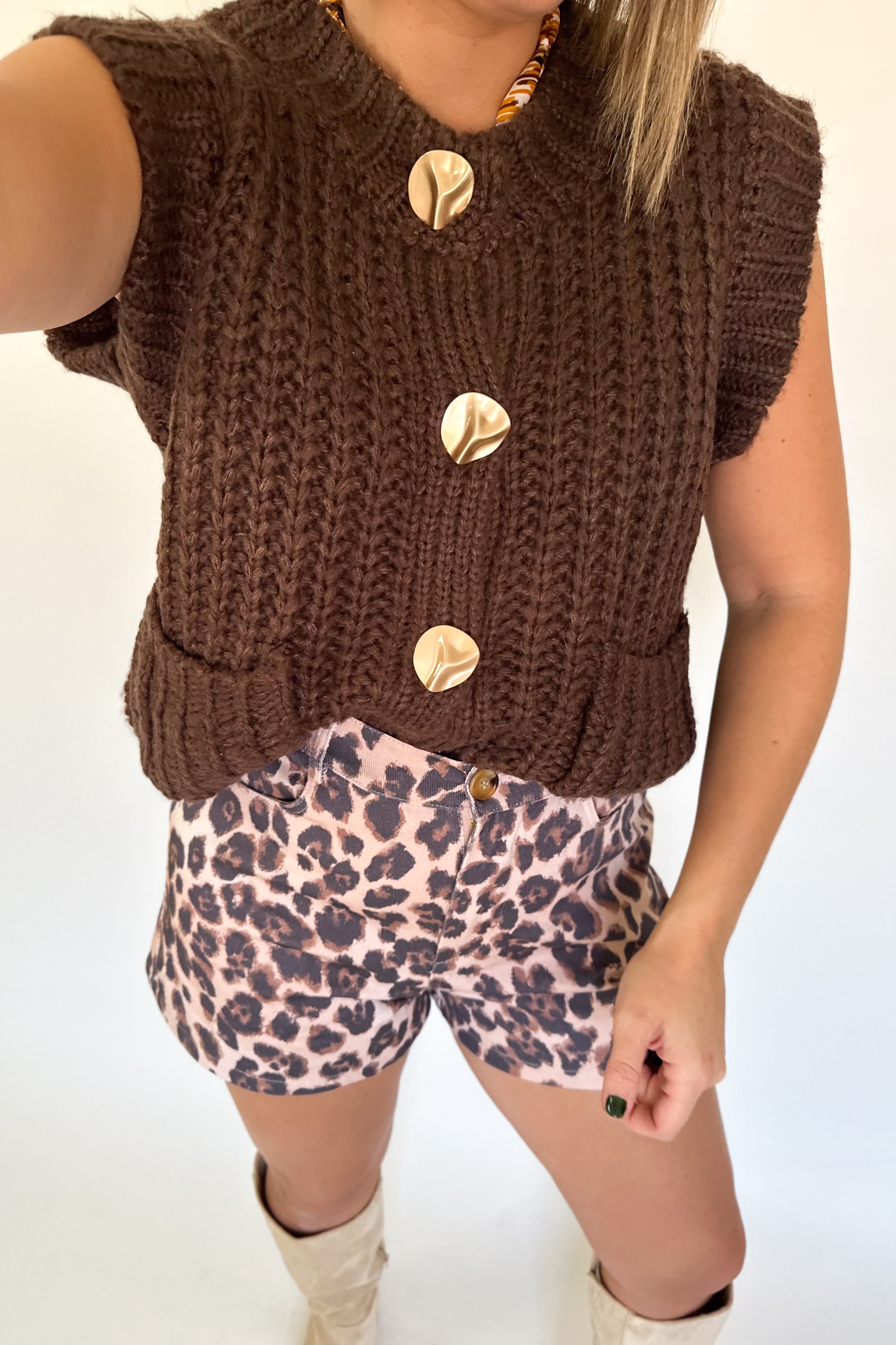 entro brown sleeveless sweater with gold buttons