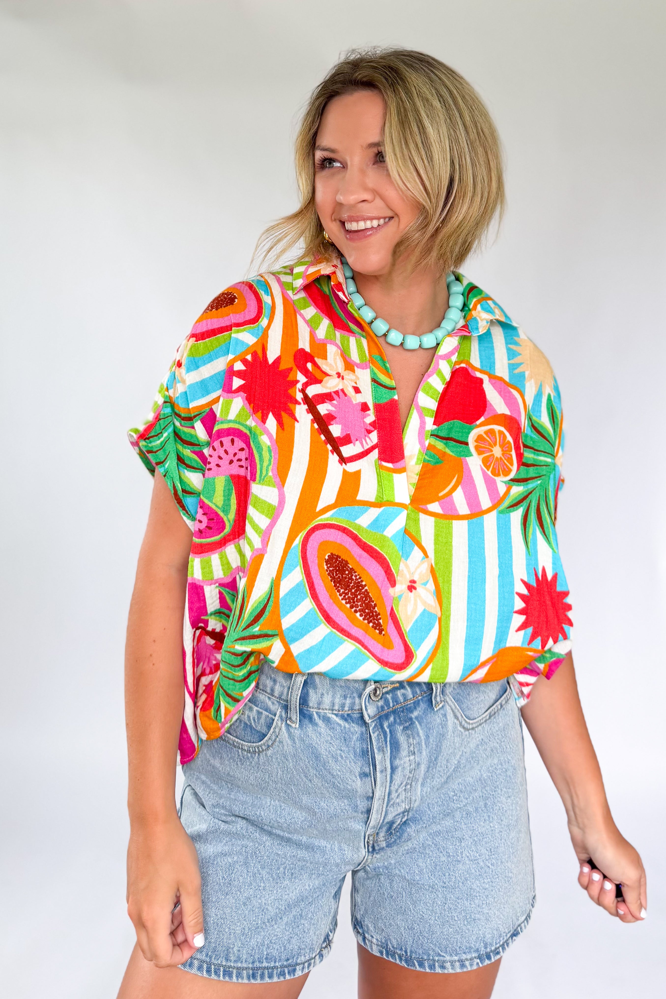 Island Fruit Gauze Signature Collar Top By Karlie