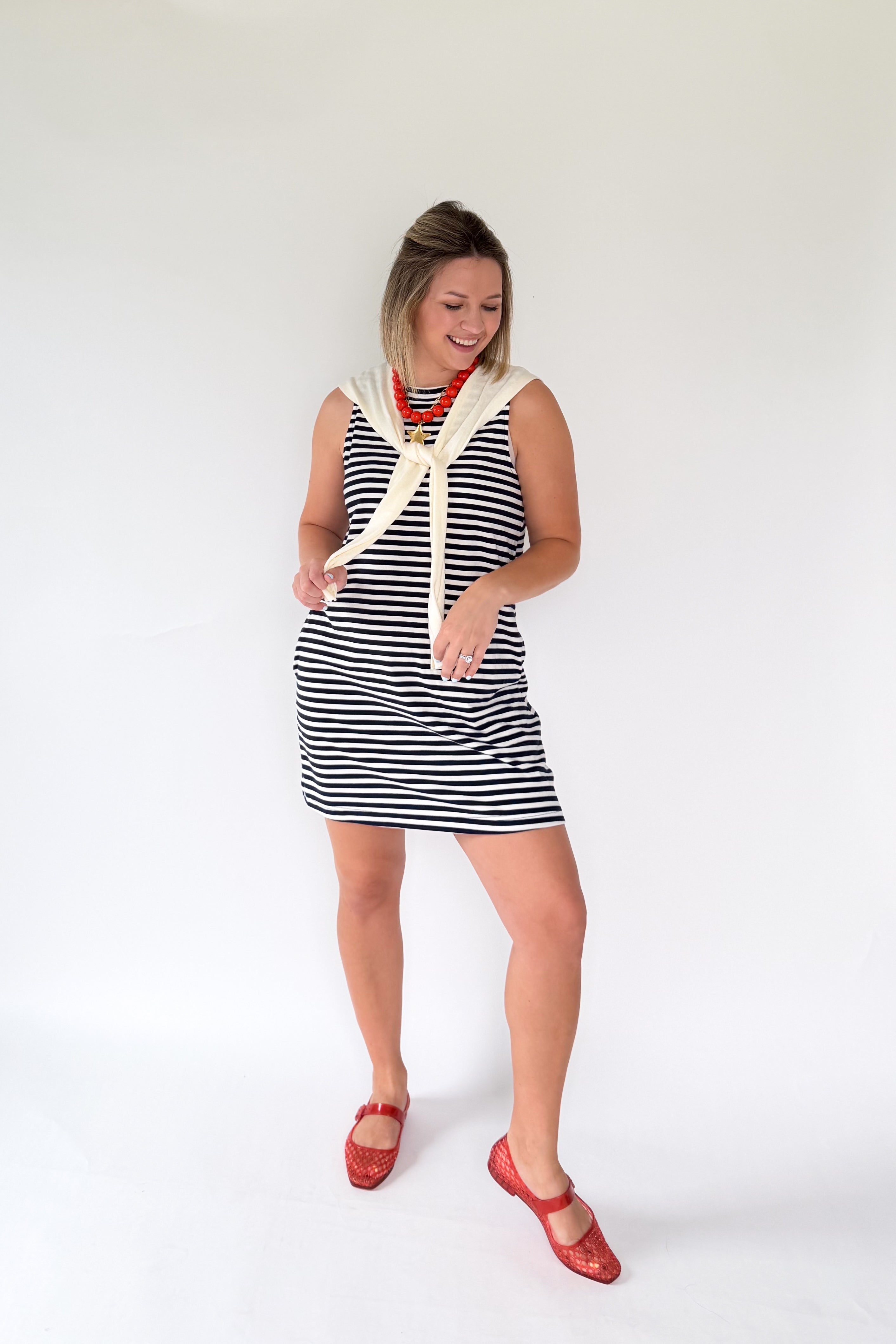 ENTRO navy & white stripe mini dress with sweater cardigan