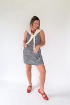 ENTRO navy & white stripe mini dress with sweater cardigan