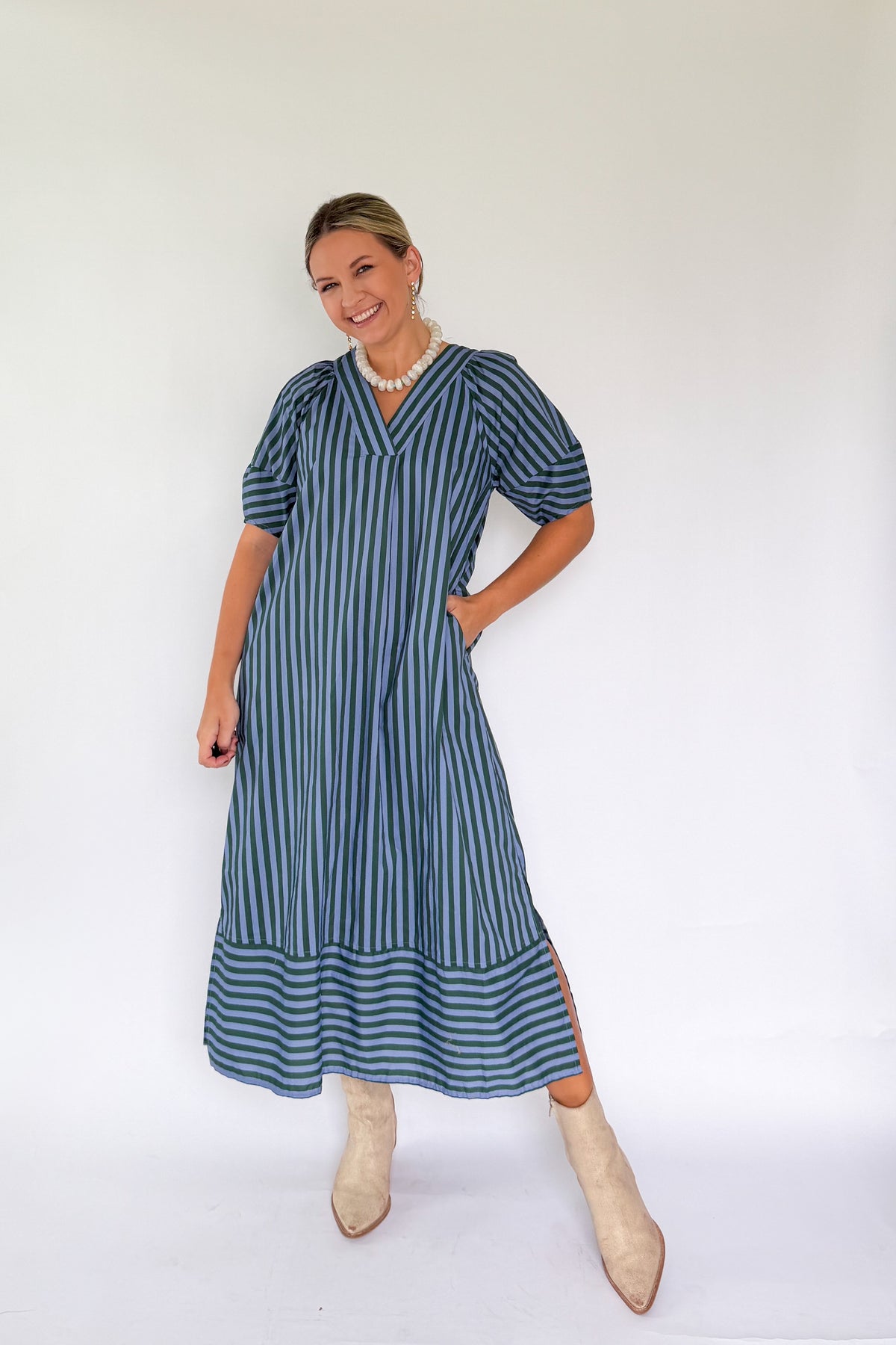 entro blue & green stripe maxi dress
