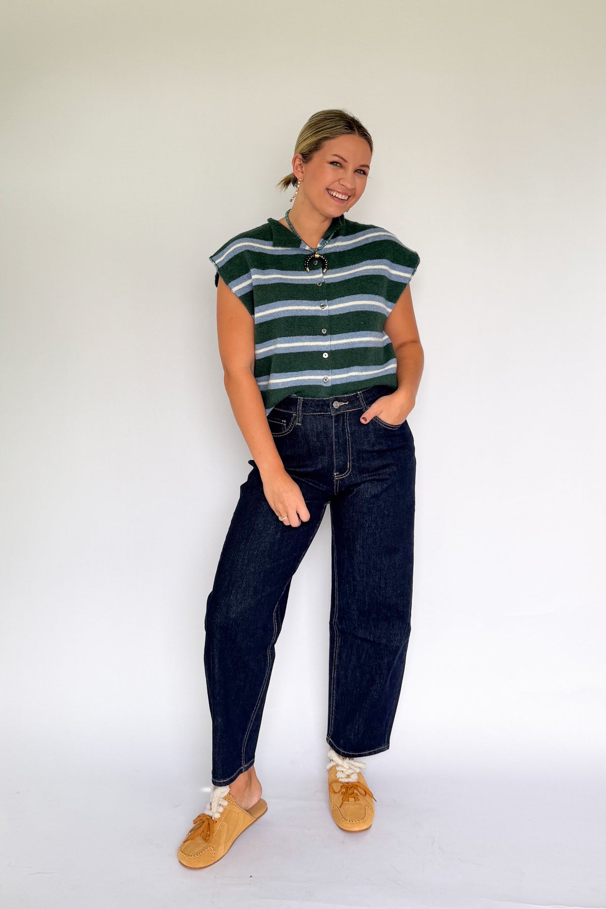 entro green and blue stripe sleeveless sweater